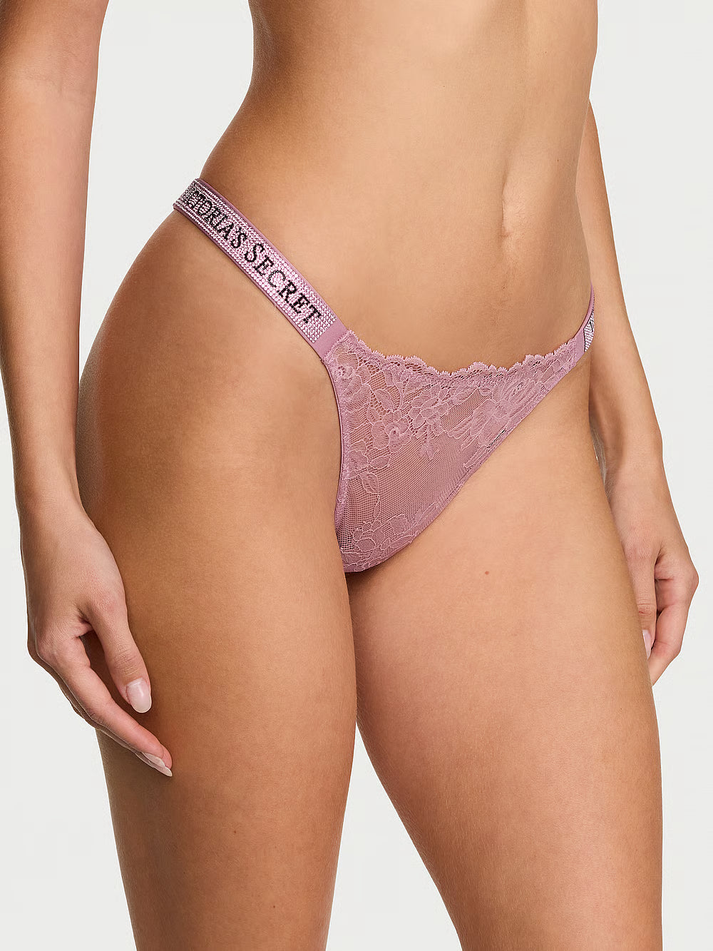Kalhotky Victoria’s Secret Shine Strap Lace Thong – Dusk Rose