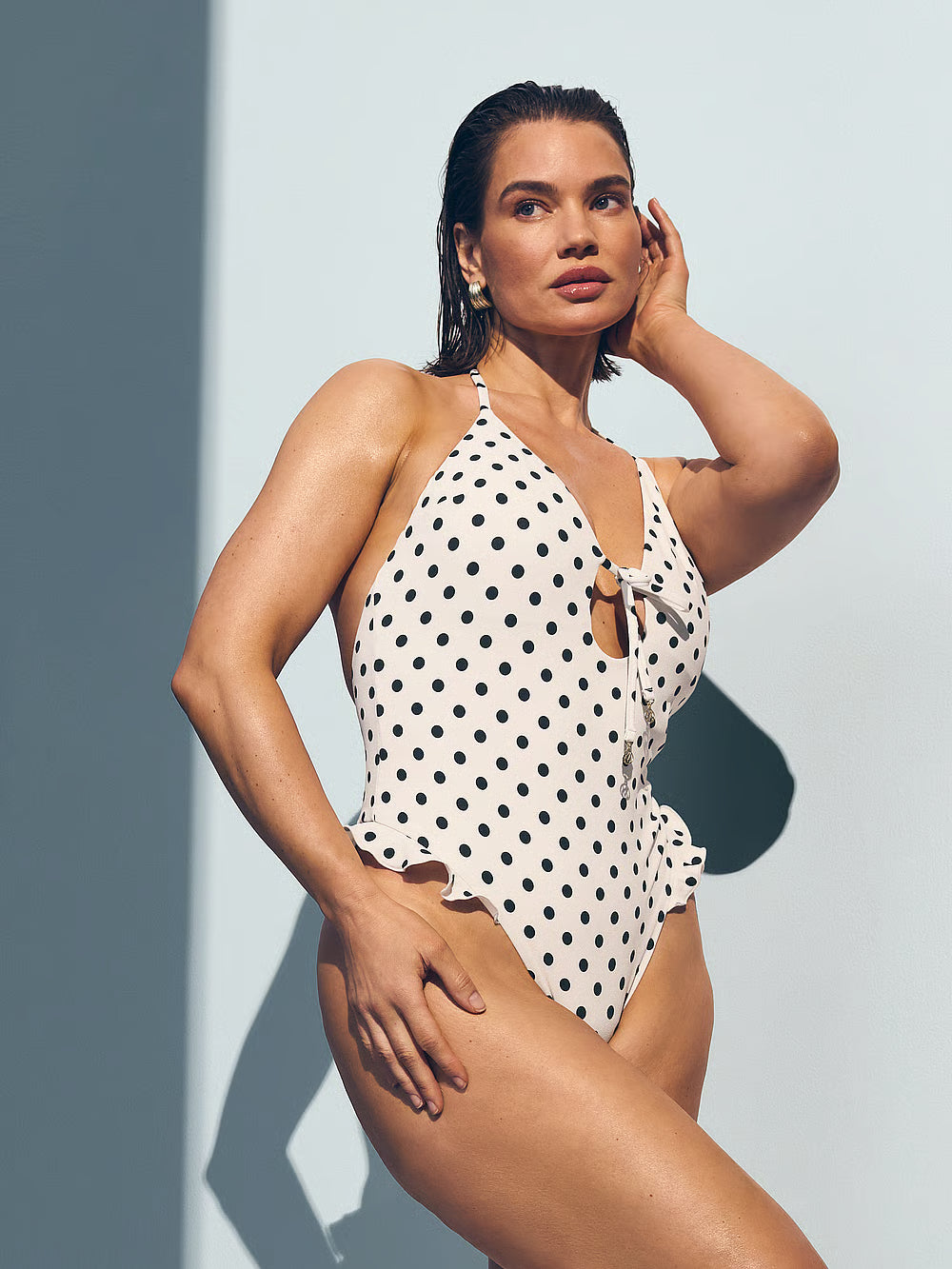 Victoria’s Secret Tease Ruffle One-Piece Swimsuit – White, Black Dots