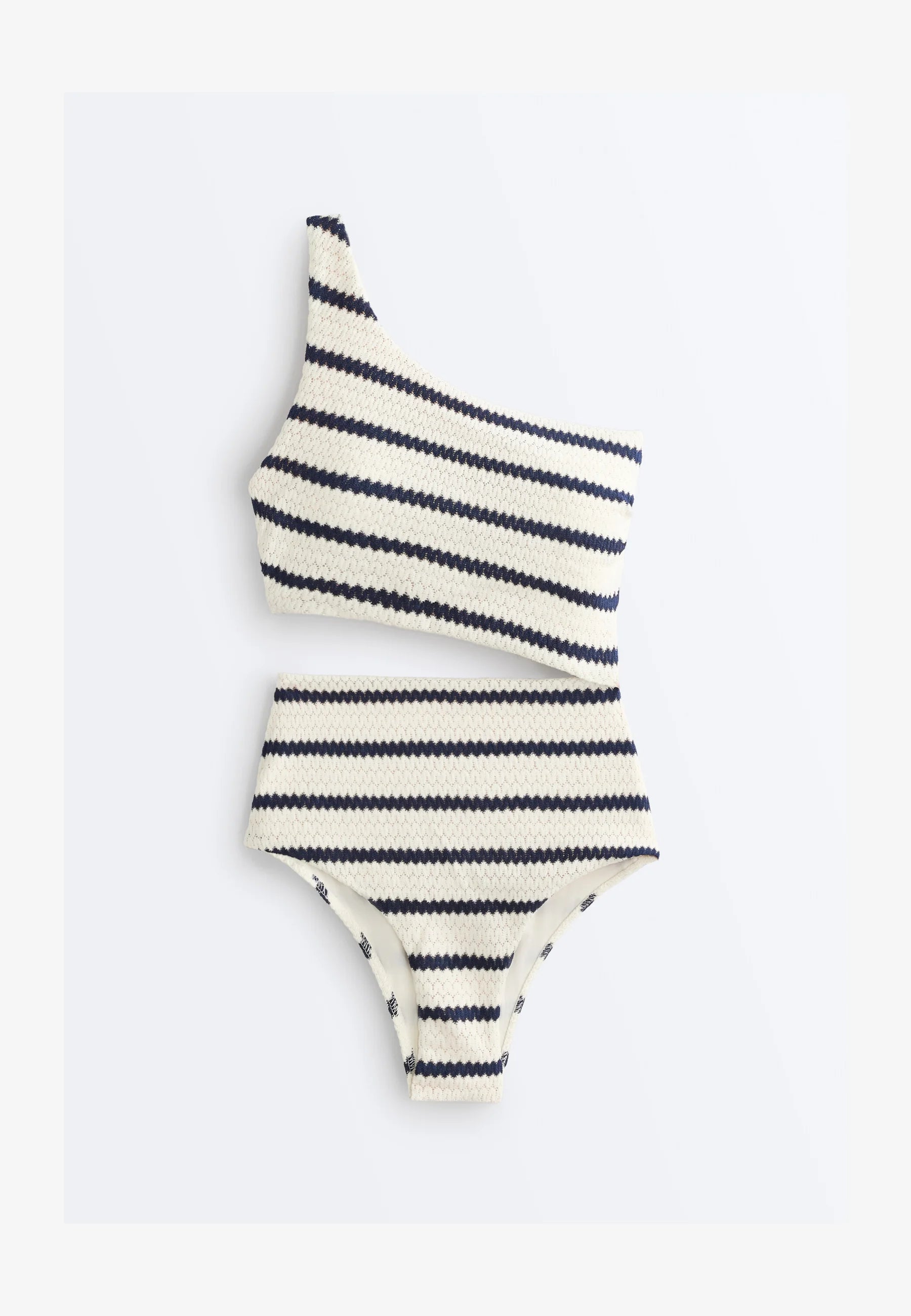 OYSHO Asymmetric Striped Crochet One-Piece Swimsuit – White