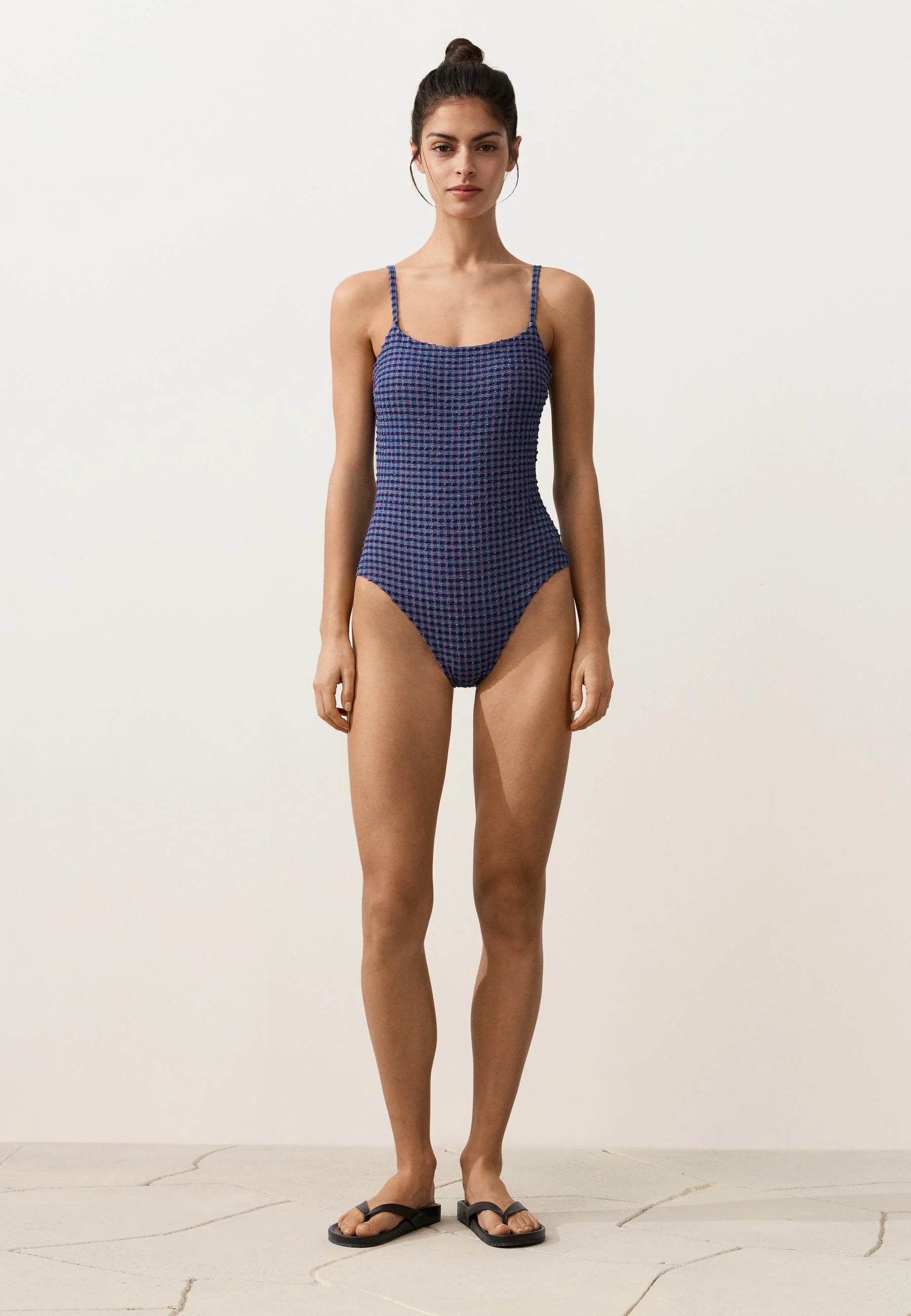 OYSHO Gingham Triangle Einteiliger Badeanzug – Metallic-Blau