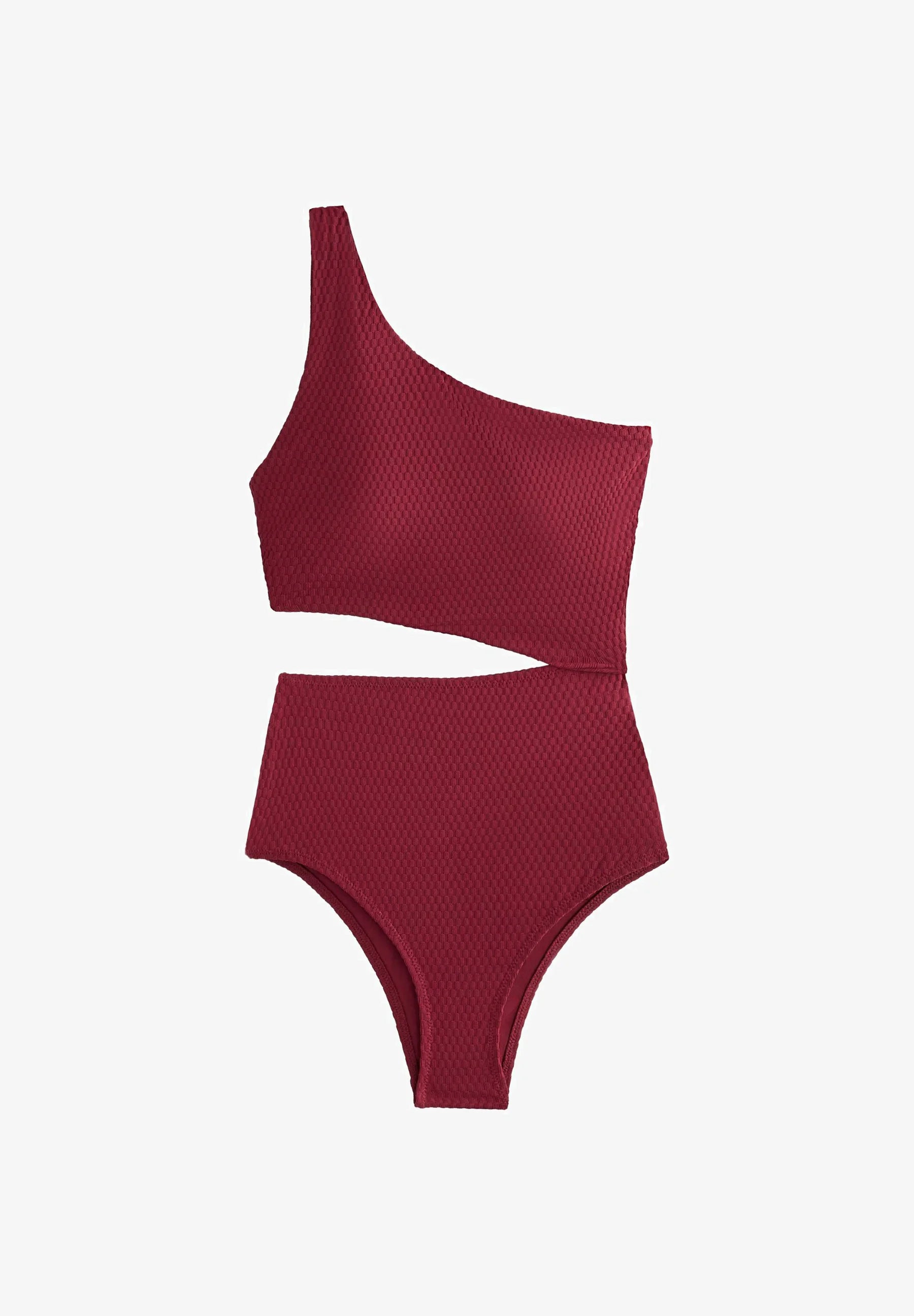 OYSHO Mini Check Jacquard Asymmetrischer Trikini-Badeanzug – Dunkelrot