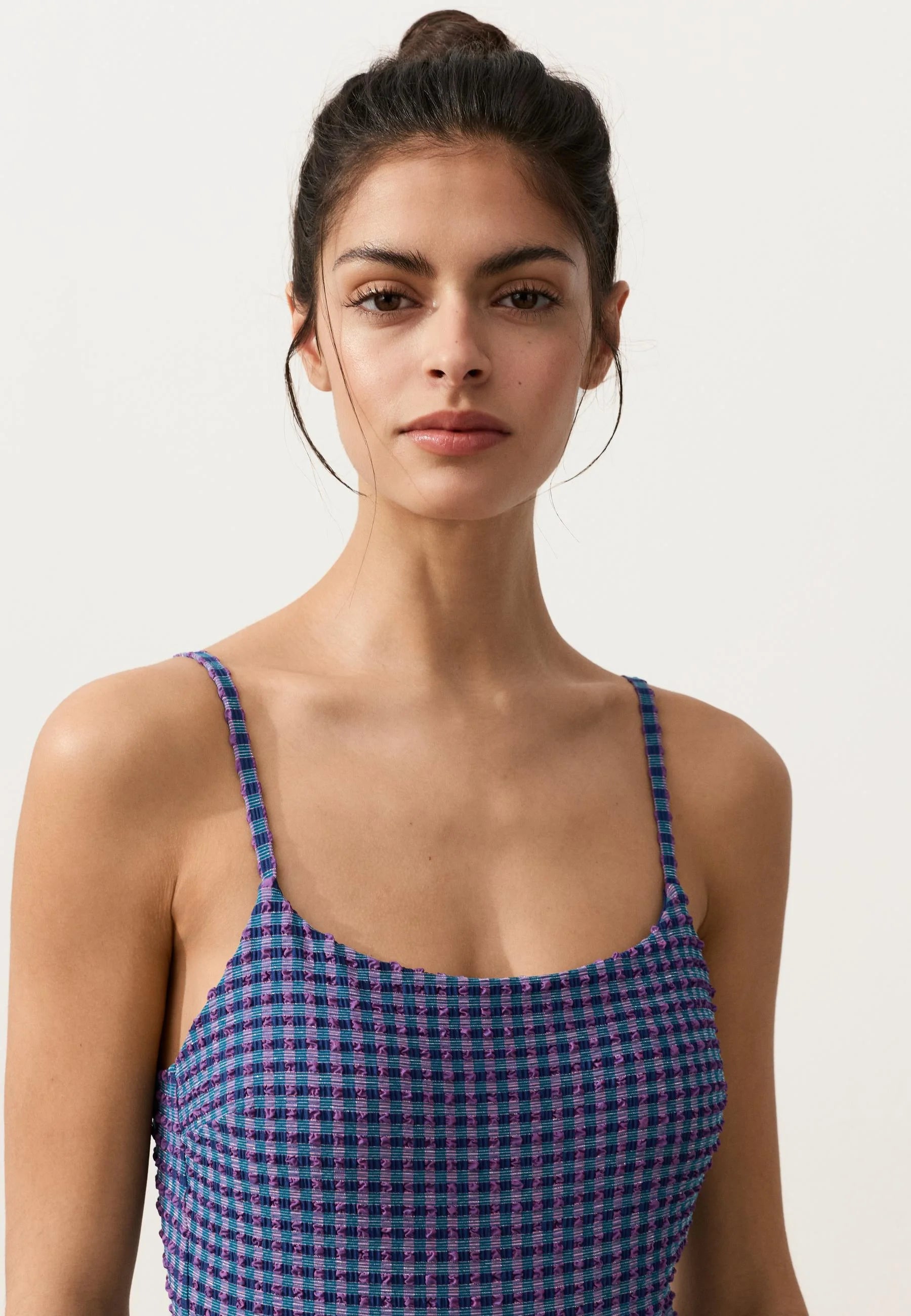 OYSHO Gingham Triangle Einteiliger Badeanzug – Metallic-Blau