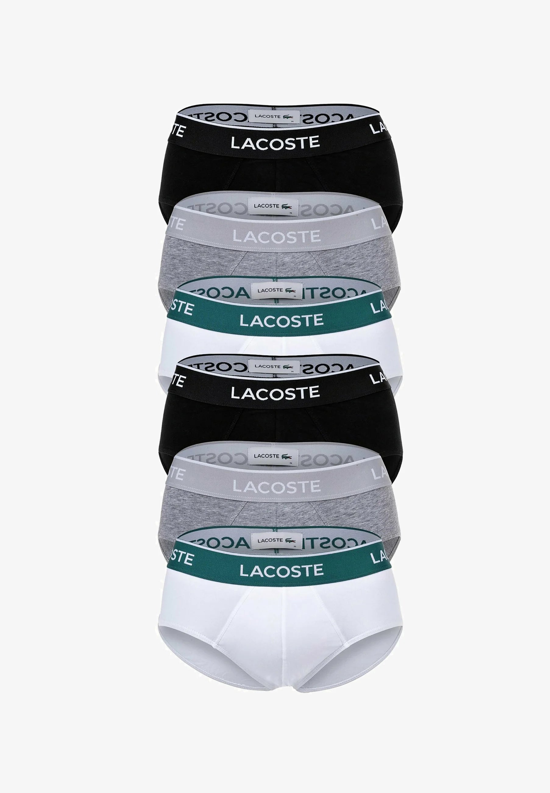 Lacoste Lot de 6 slips décontractés stretch avec ceinture à logo – Noir, Gris, Blanc