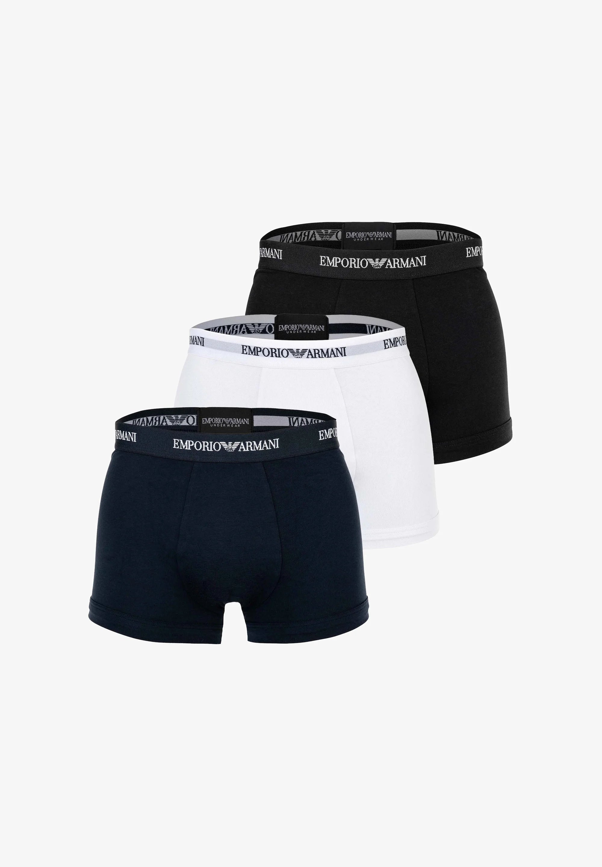Lot de 3 boxers Emporio Armani en coton stretch de qualité supérieure – Blanc, Bleu Armani, Noir