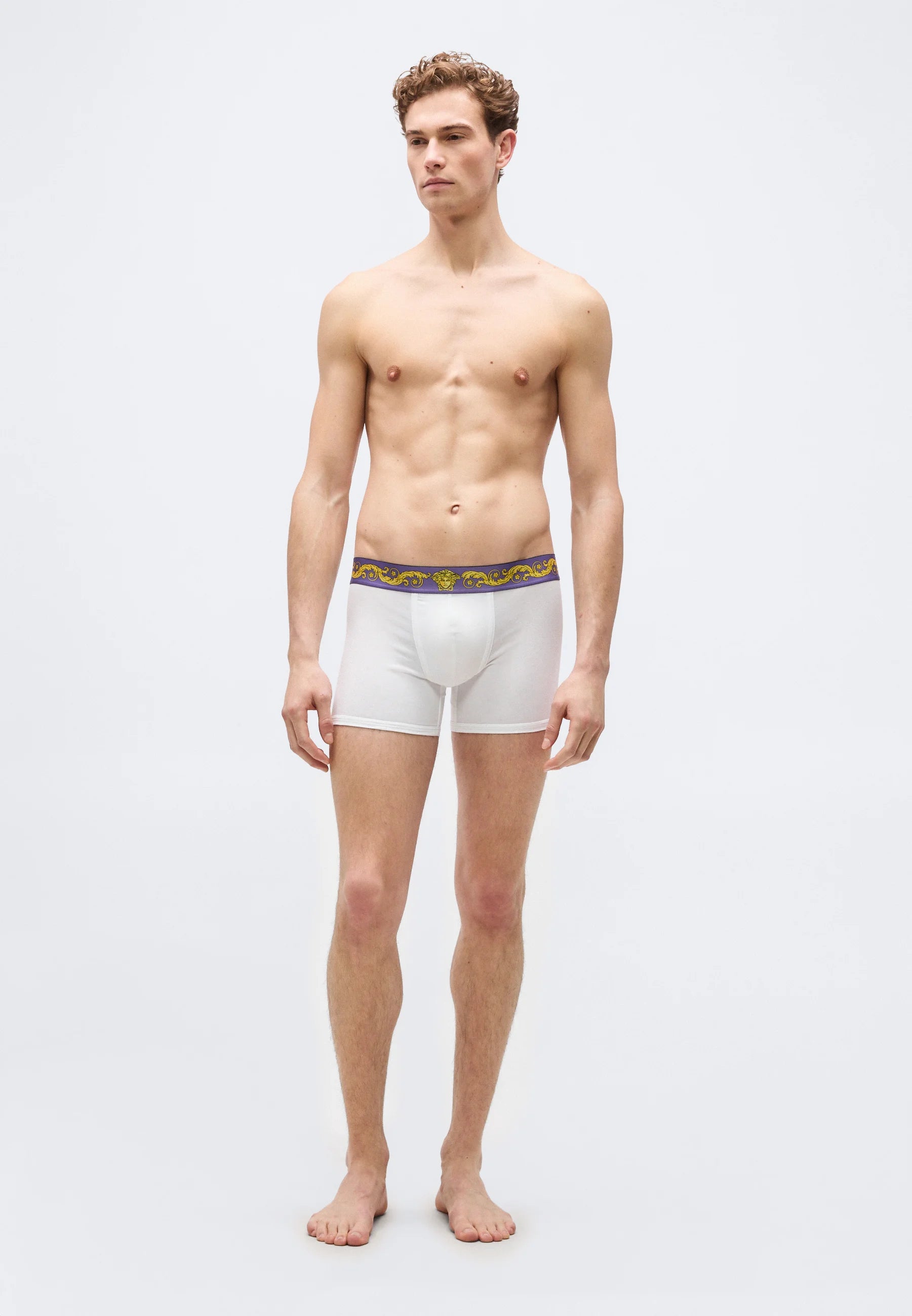 Versace Cotton Stretch Printed Trunks – Low Rise – White, Lavender, Gold-Coloured