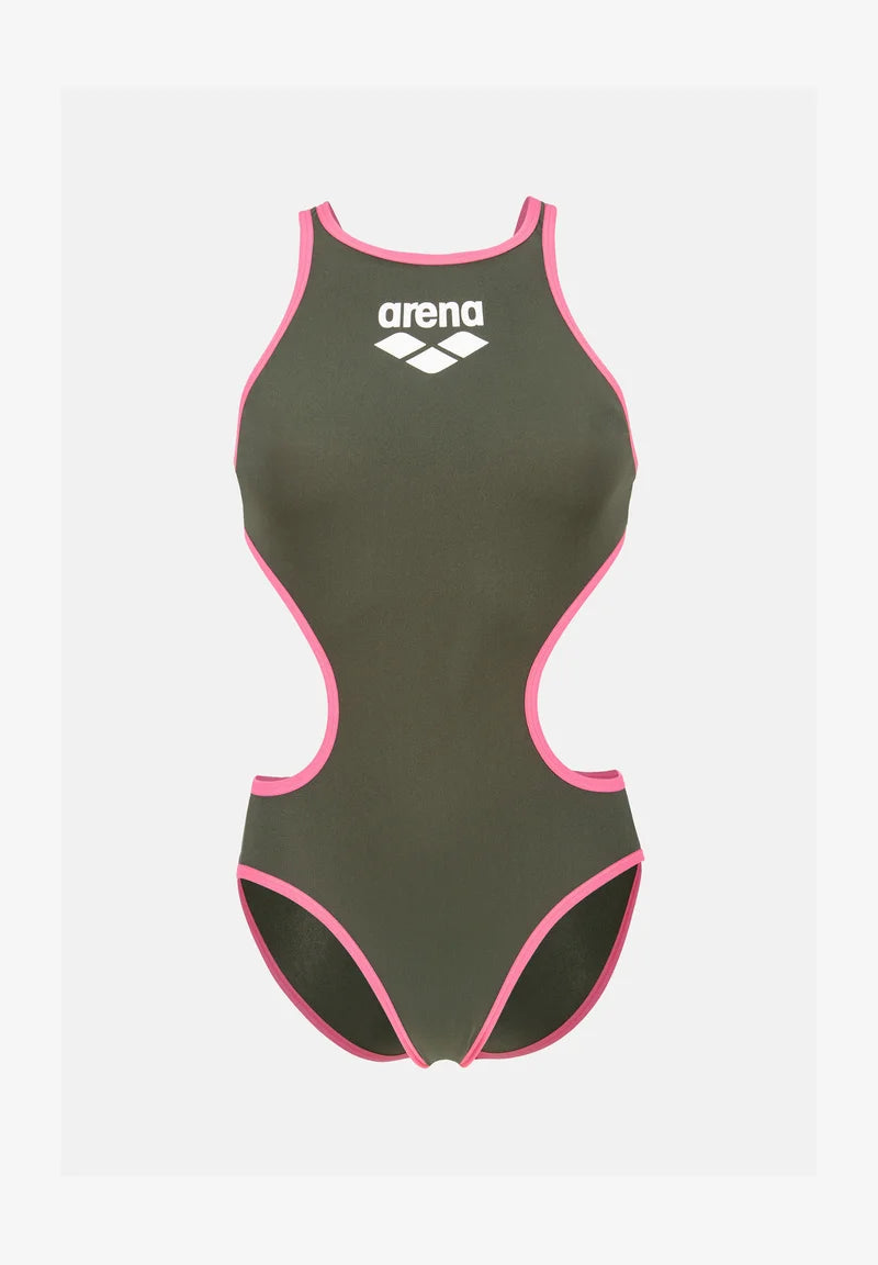 Arena One Biglogo Einteiler-Badeanzug – Dunkles Salbei, Schockierendes Rosa