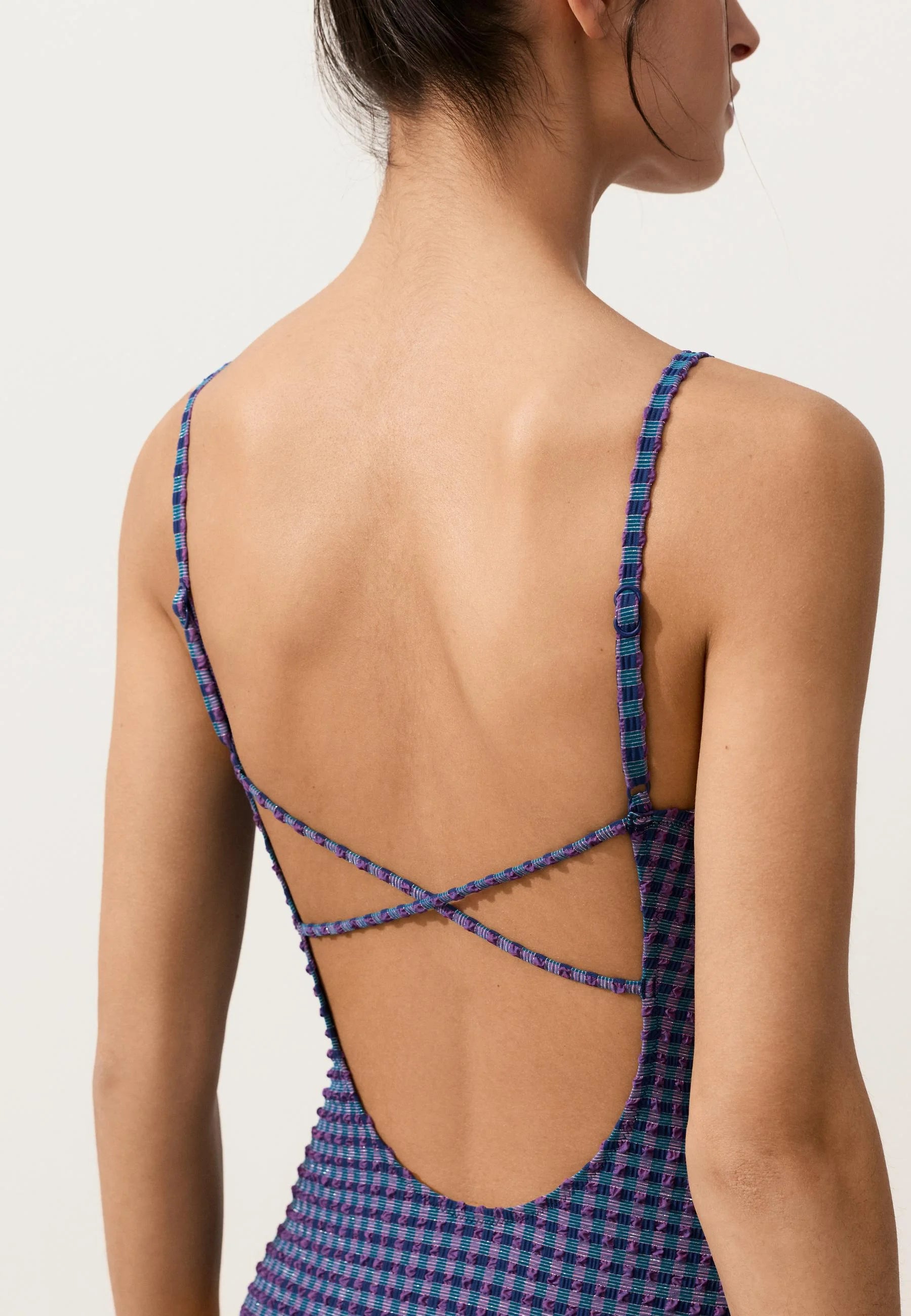 OYSHO Gingham Triangle Einteiliger Badeanzug – Metallic-Blau