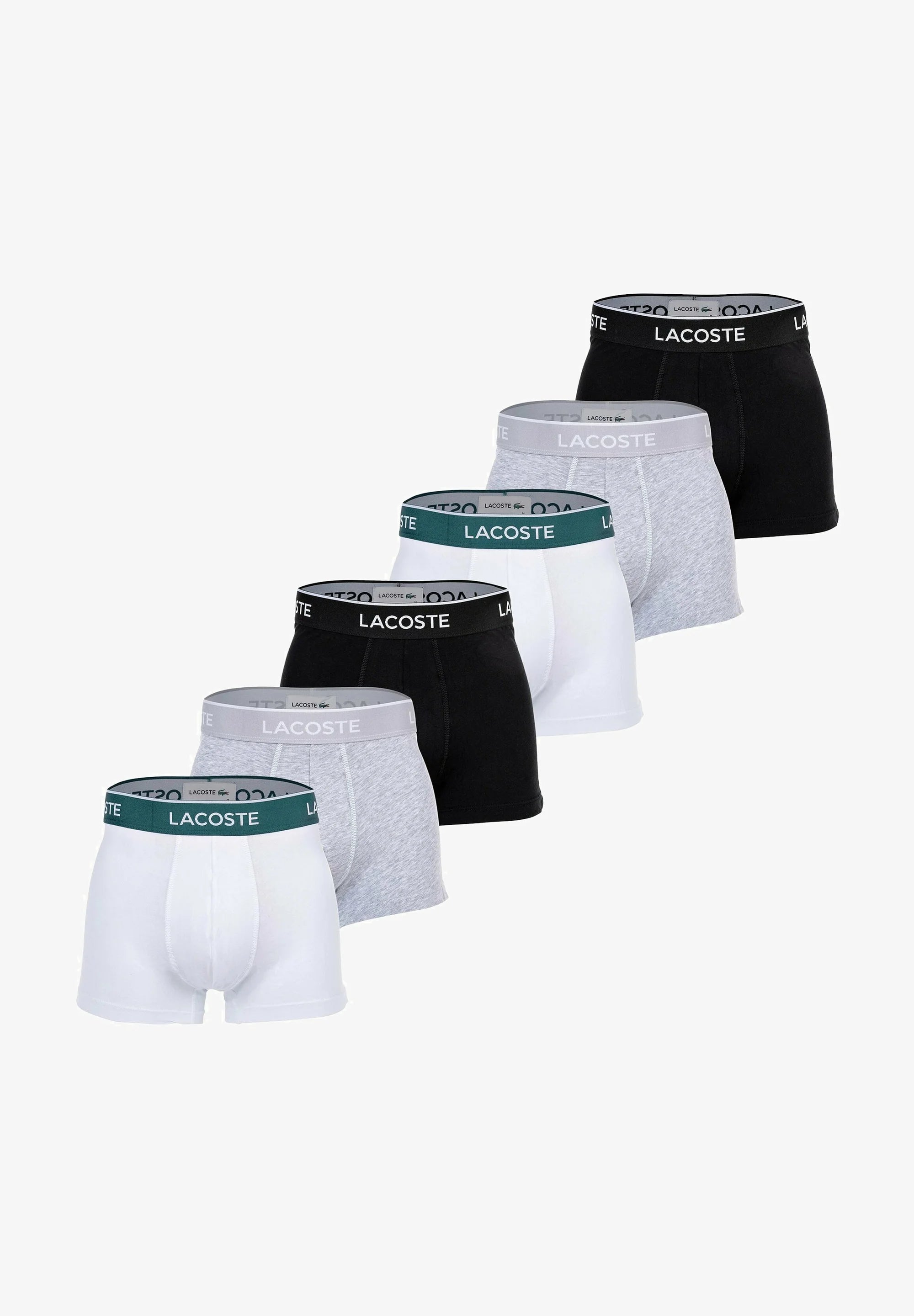 Lacoste 6er-Pack lässige Stretch-Unterhosen mit Logobund – Schwarz, Grau, Weiß