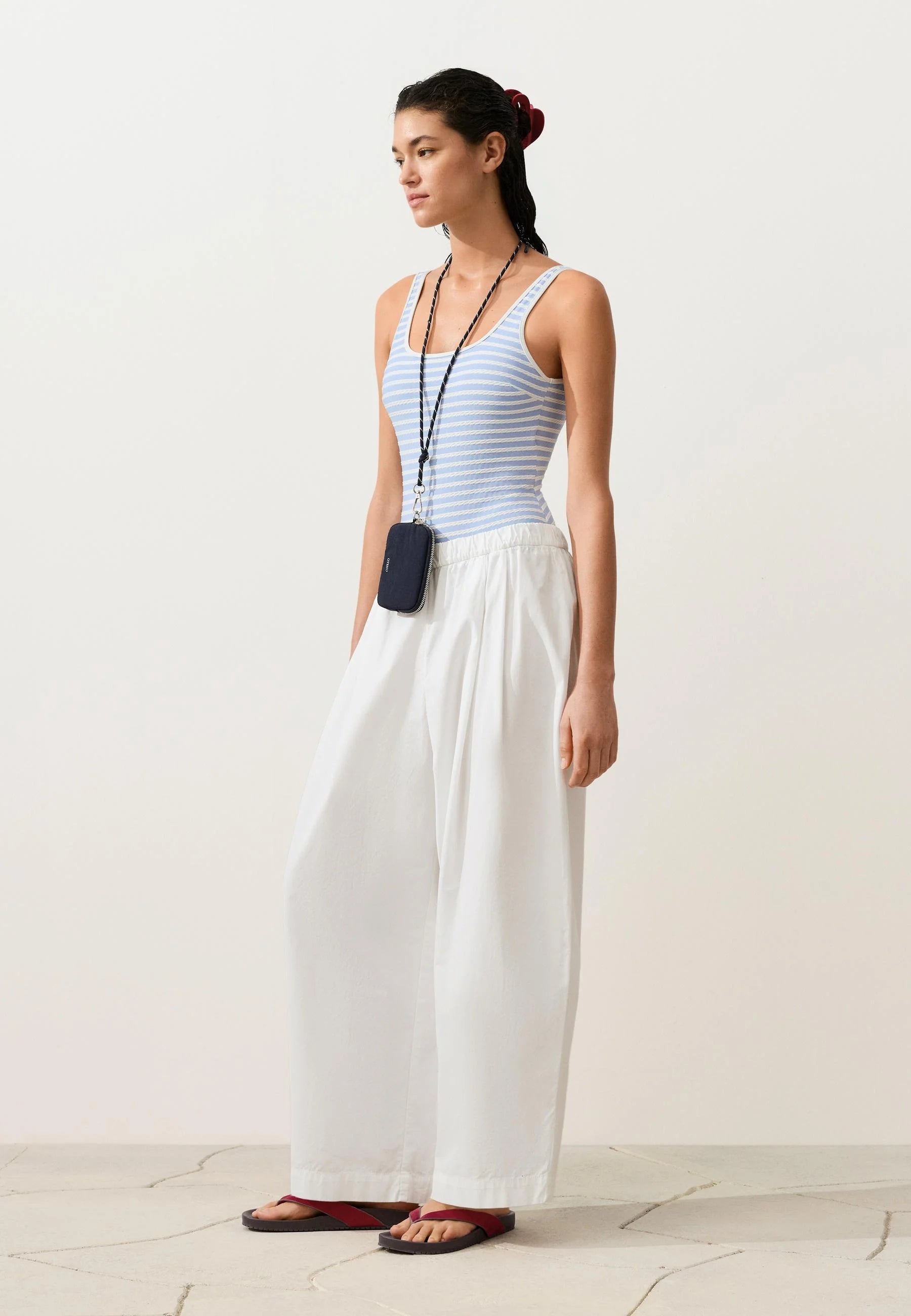 OYSHO Stripe Structure Round Neck One-Piece Swimsuit – Blue