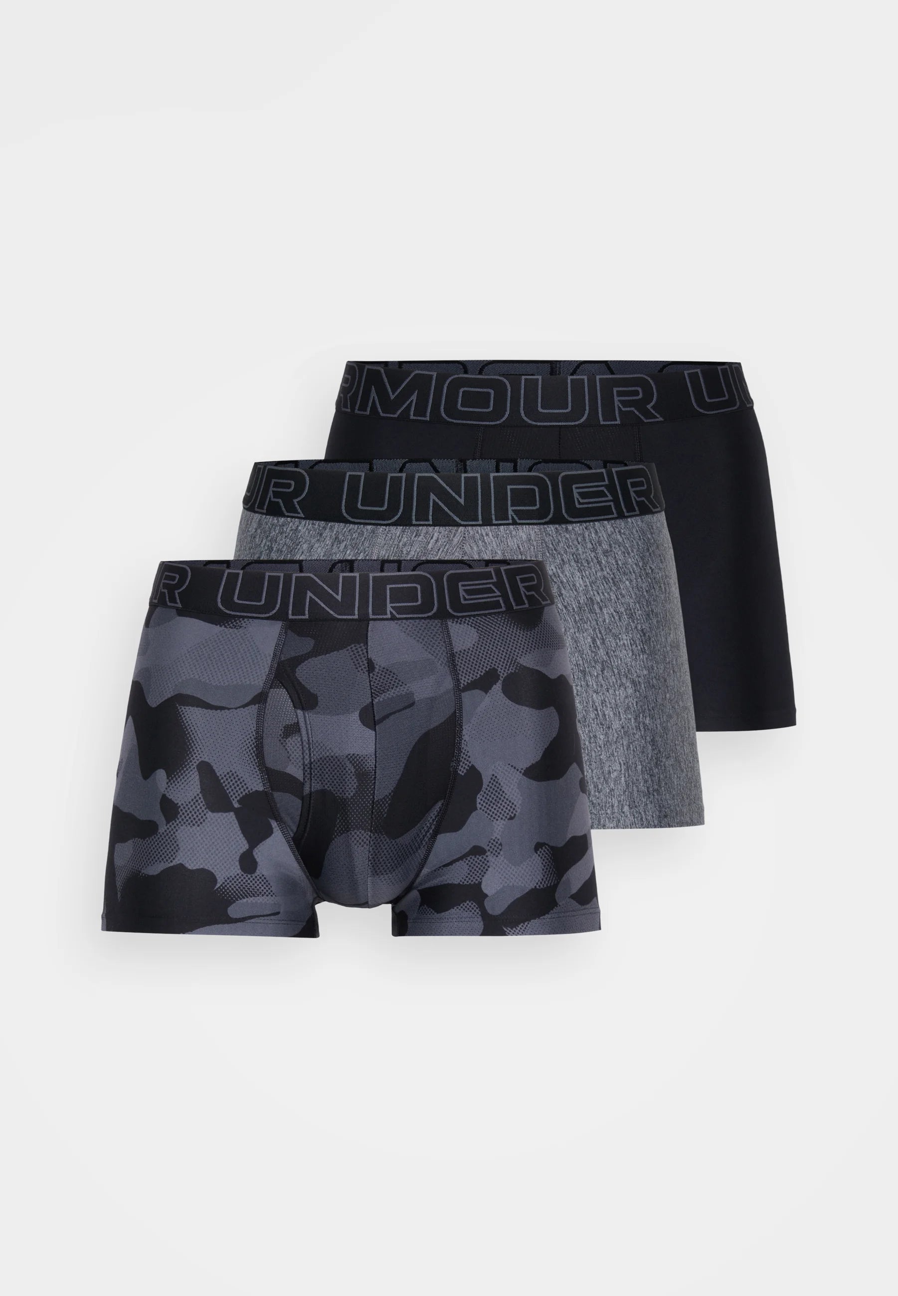 Under Armour Performance Tech Trunks – 3 Pack – Black, Castlerock Heather