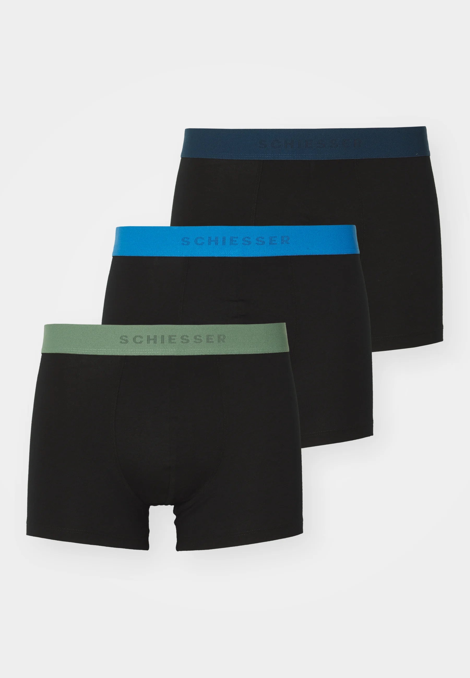 Schiesser Essential Cotton Trunks 3 Pack – tmavě zelená, modrá, černá