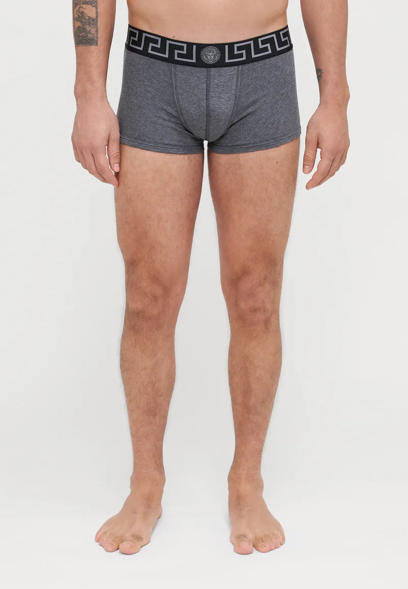 Stretch bavlněné kalhoty Versace Low Rise – šedá melanž, černá, stříbrná