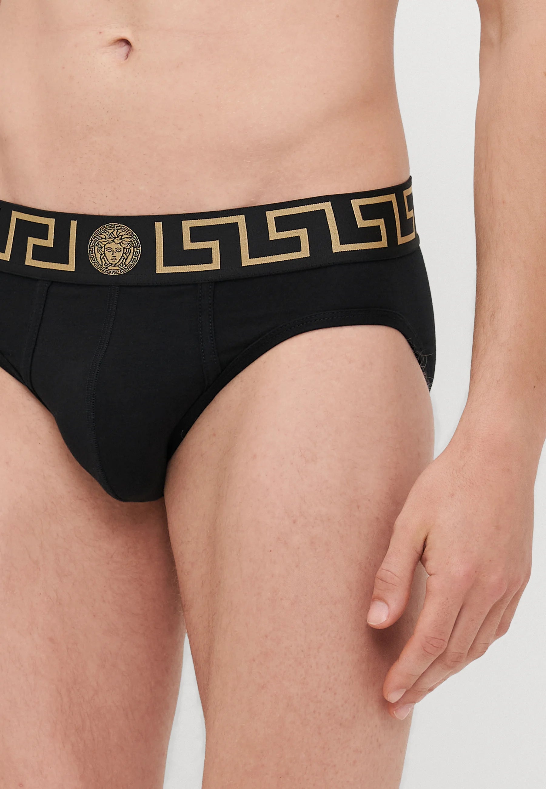 Versace Slips En Coton Stretch – Taille Basse – Lot De 3 – Noir, Doré