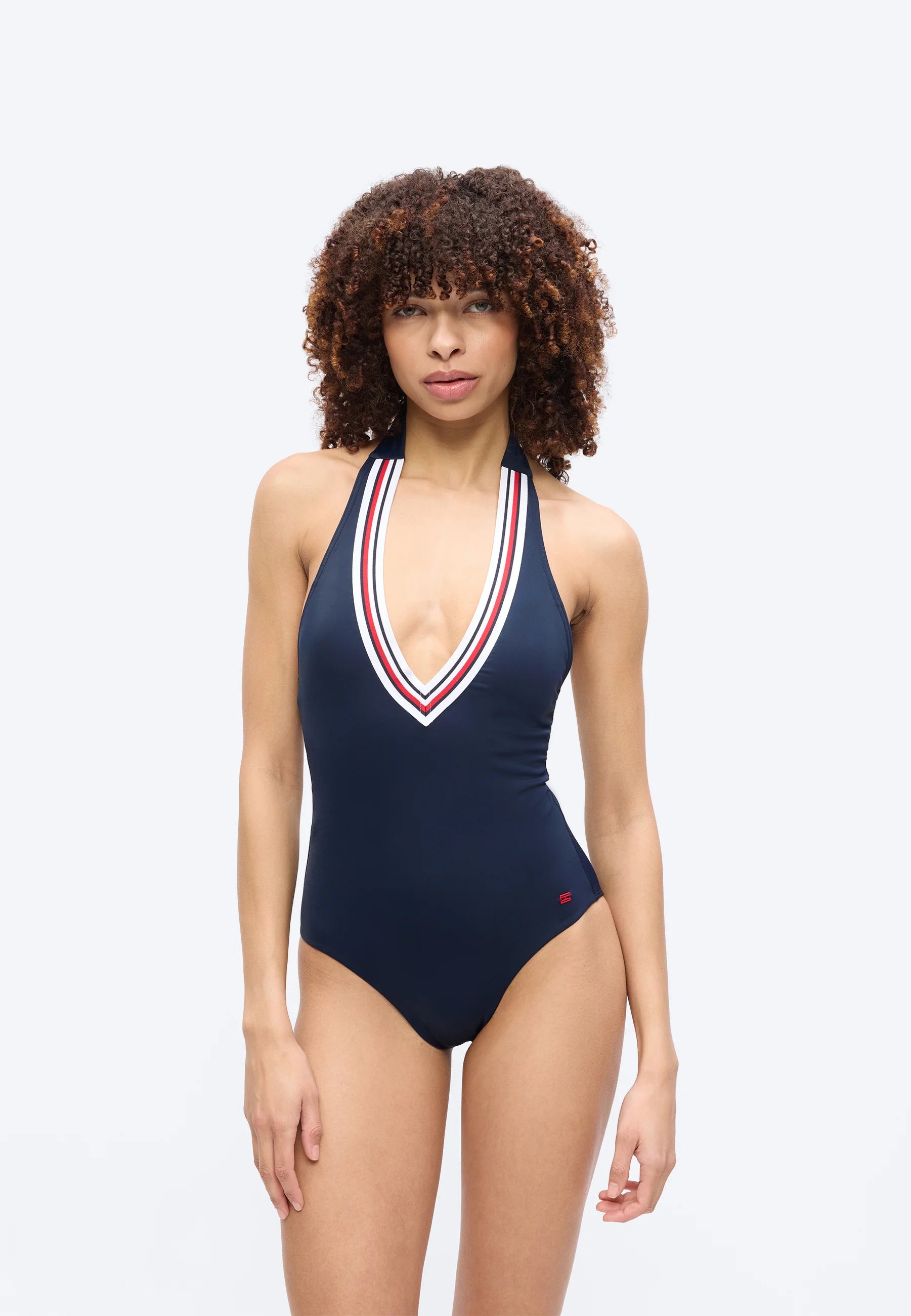 Tommy Hilfiger Global Stripe Halterneck Swimsuit – Dark Night Navy