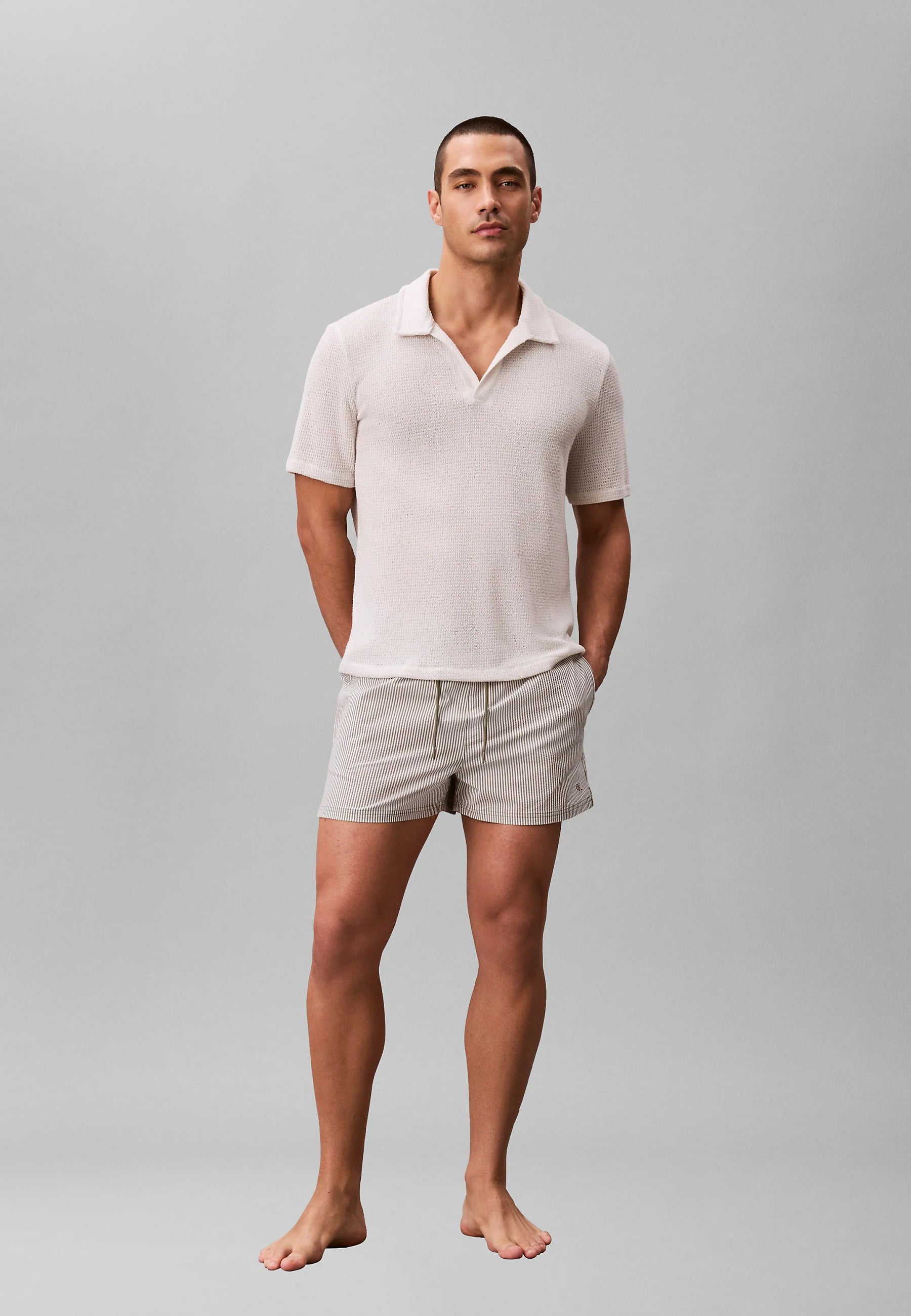 Calvin Klein Drawstring Seersucker Swim Shorts – Deep Lichen Green, White
