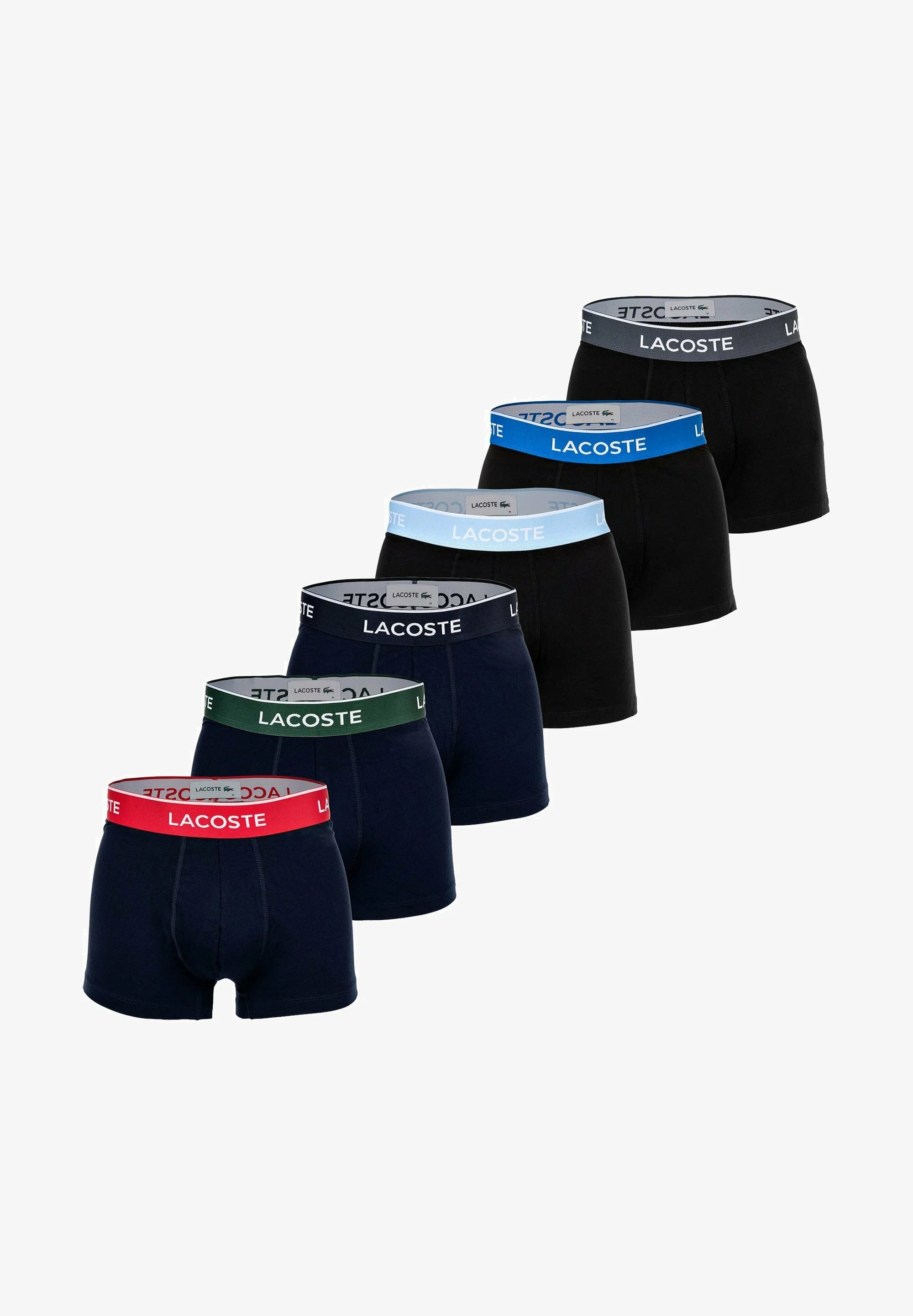 Lacoste 6 Pack Logobund Trunks – černá, modrá, šedá, tmavě modrá, zelená, červená