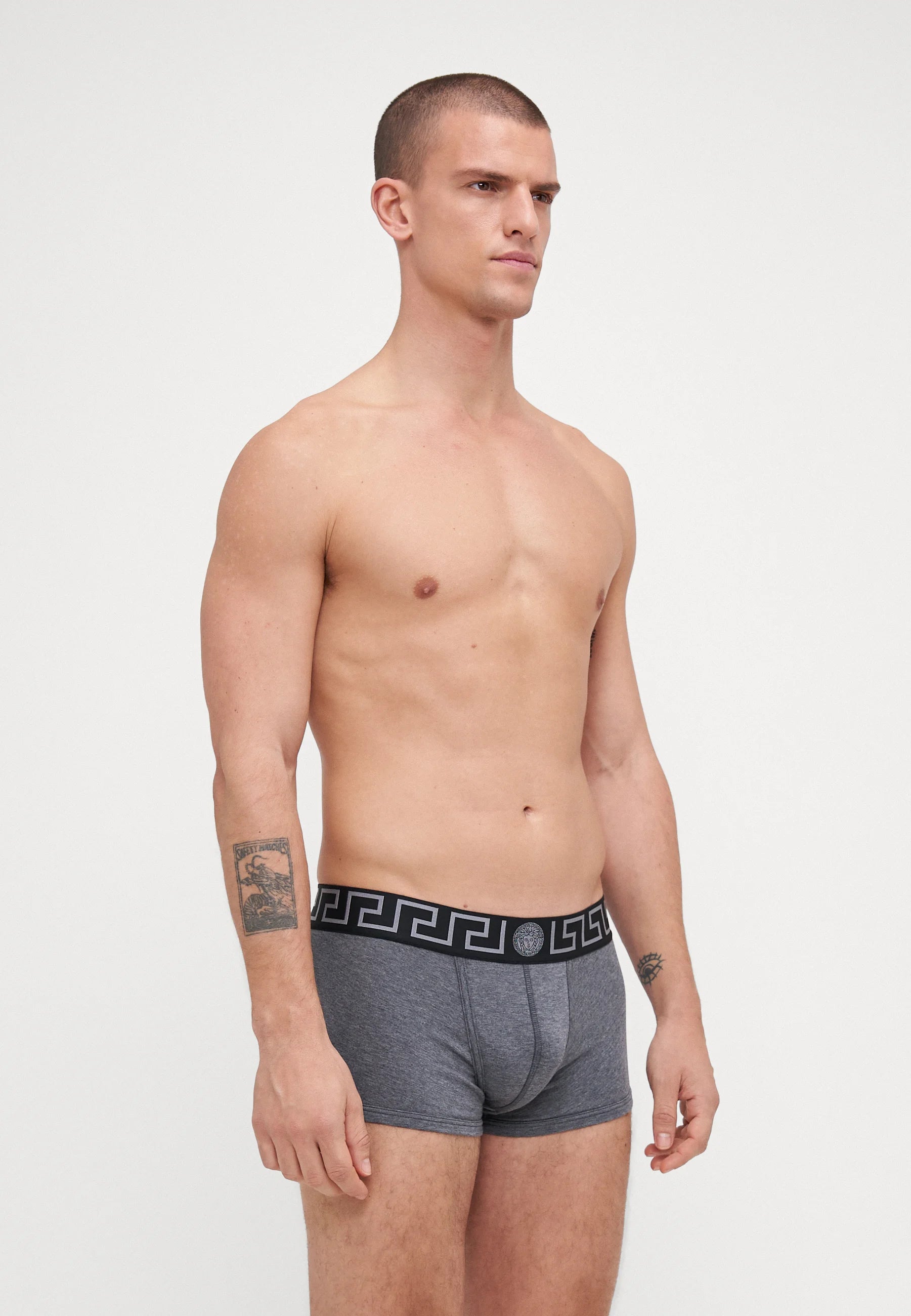 Boxer taille basse en coton stretch Versace - Gris Mélange, Noir, Argent