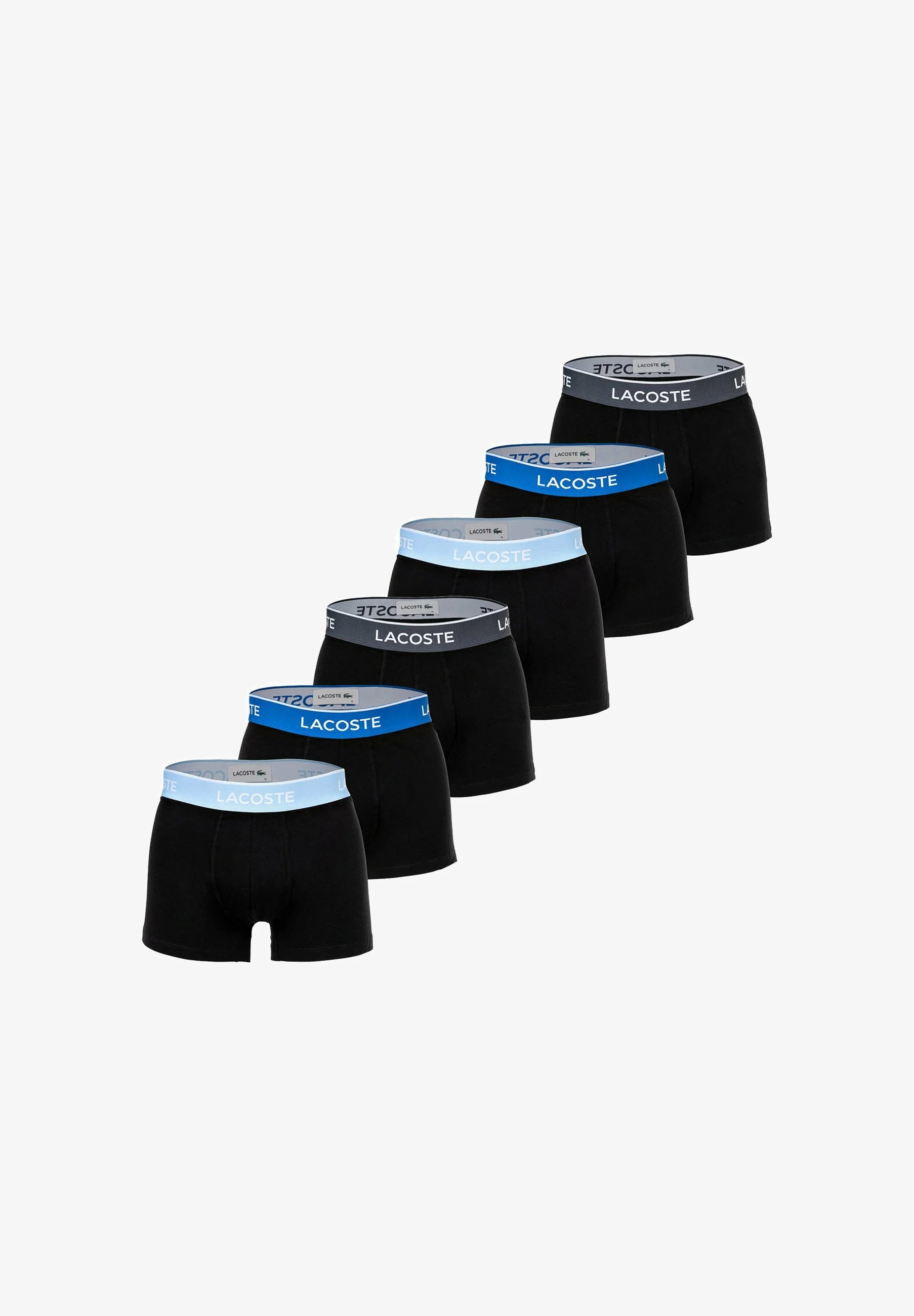 Lacoste 6 Pack Logobund Trunks – Black, Blue, Grey