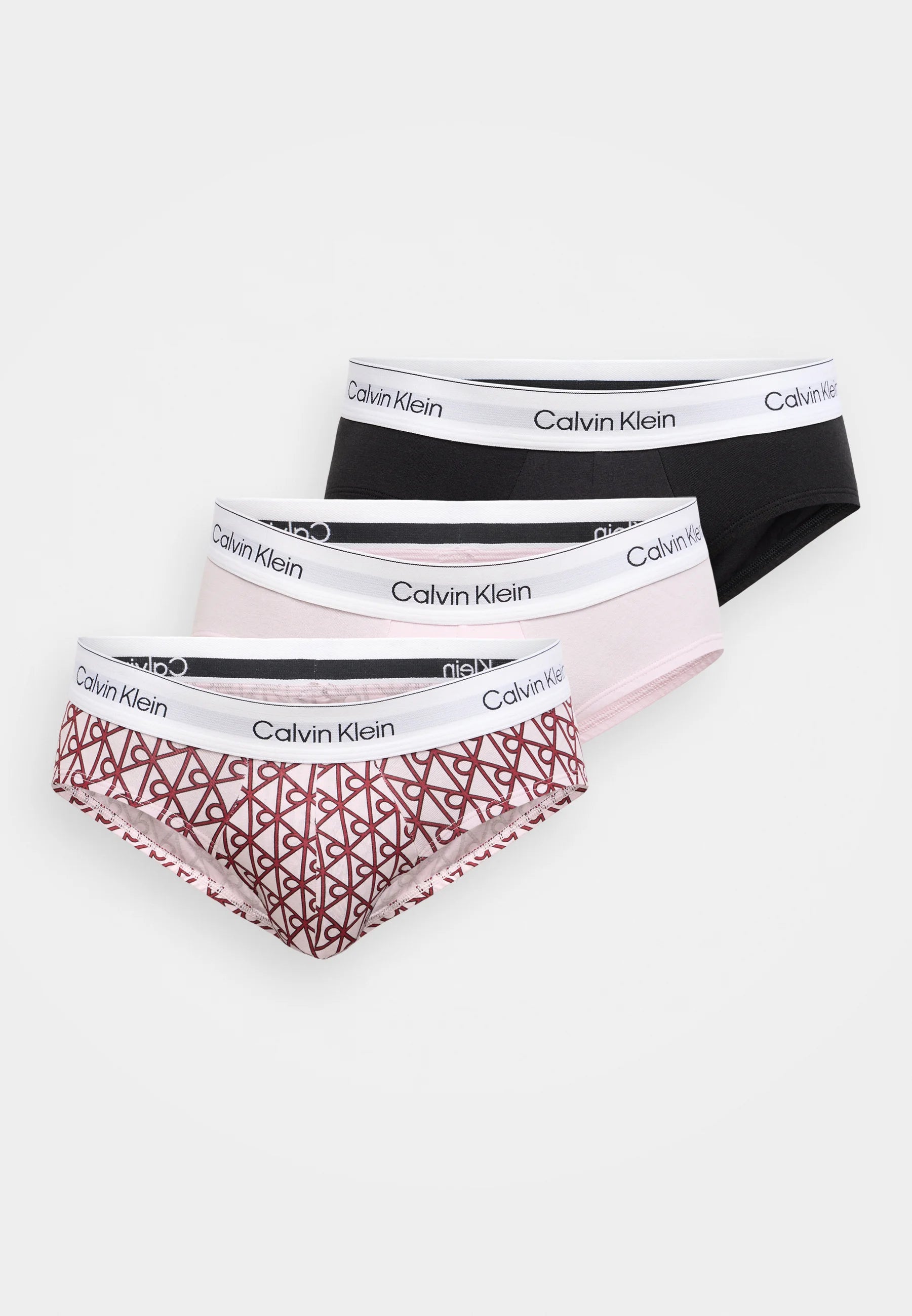 Calvin Klein Icon Cotton Stretch Hip Briefs – 3 Pack – Black, Soft Blush, Burgundy Print