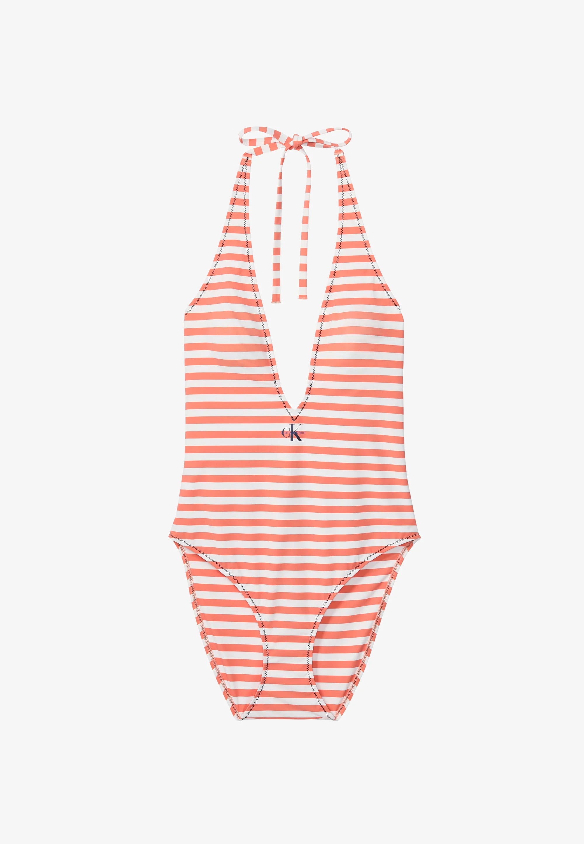 Calvin Klein Plunge Graphic Monogram Einteiliger Badeanzug – Orange, Weiß