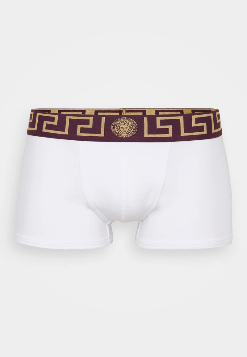 Versace Cotton Stretch Low Rise Trunks – Weiß, Dunkles Aubergine, Gold