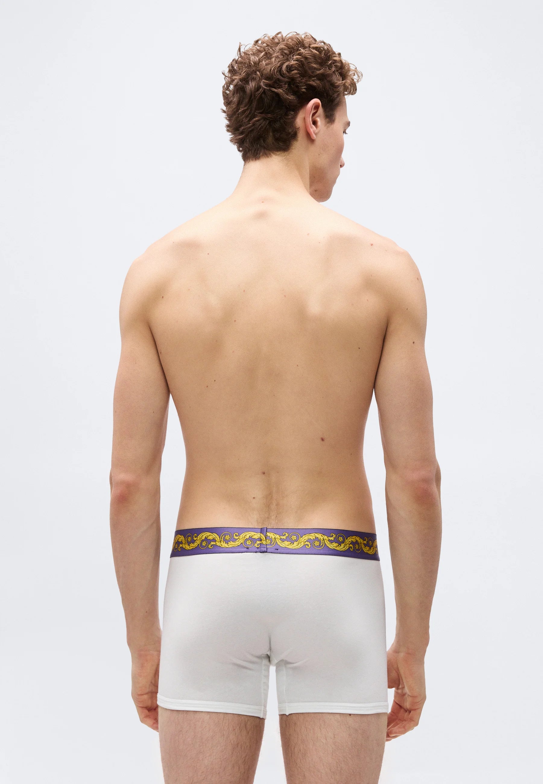 Versace Cotton Stretch Printed Trunks – Low Rise – White, Lavender, Gold-Coloured