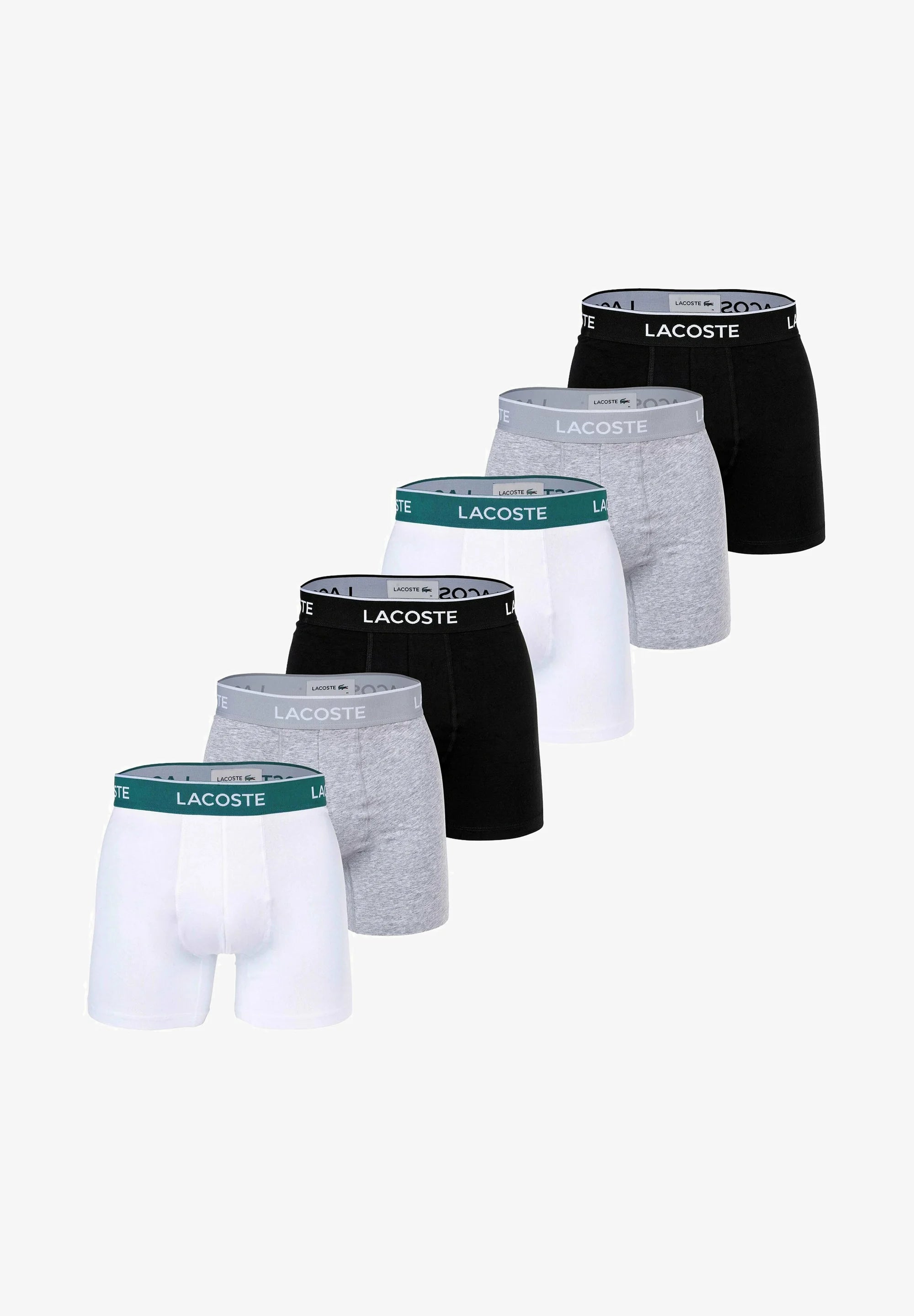 Lacoste 6 Pack Stretch Logobund Trunks – Black, White, Grey