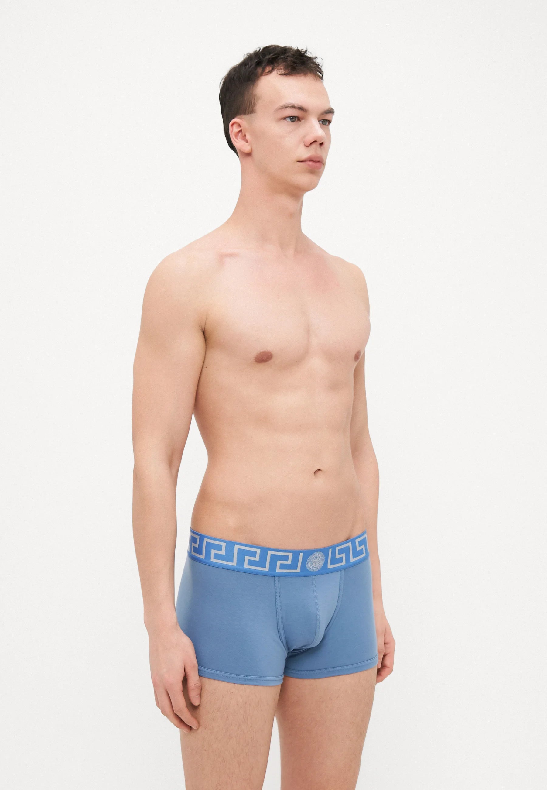 Boxer a vita bassa Versace in cotone stretch – Blu pietra, Argento