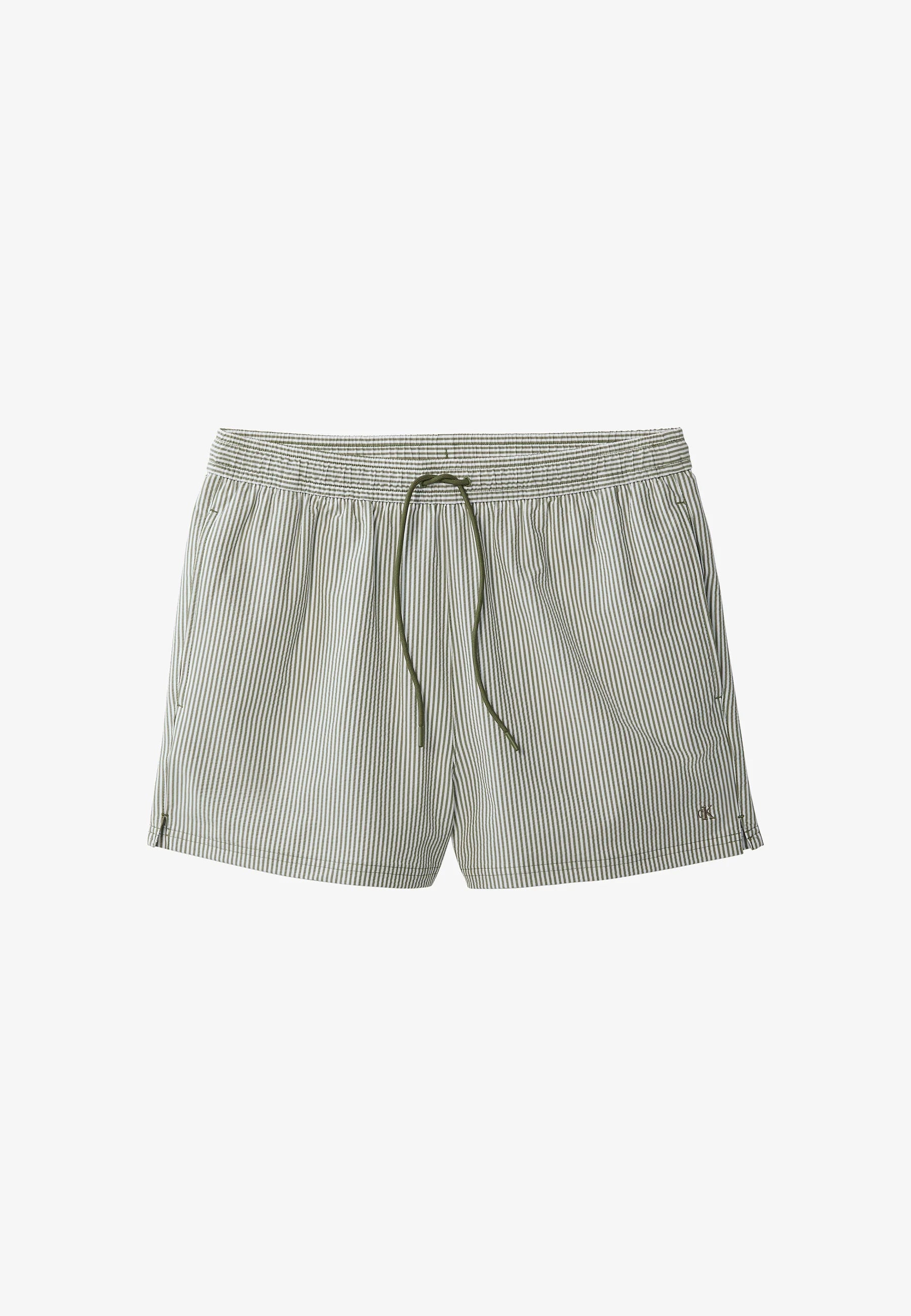 Calvin Klein Drawstring Seersucker Swim Shorts – Deep Lichen Green, White
