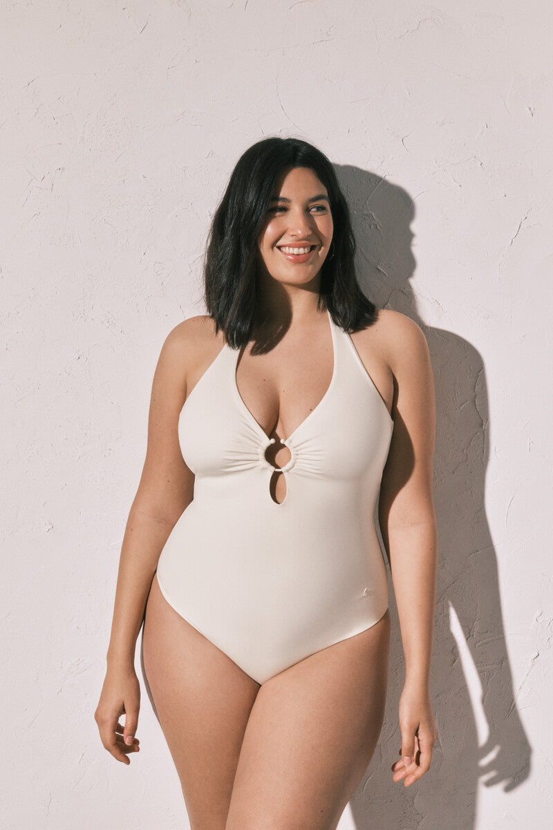 Women’secret Weißer formender Badeanzug mit tiefem Ausschnitt – Beige