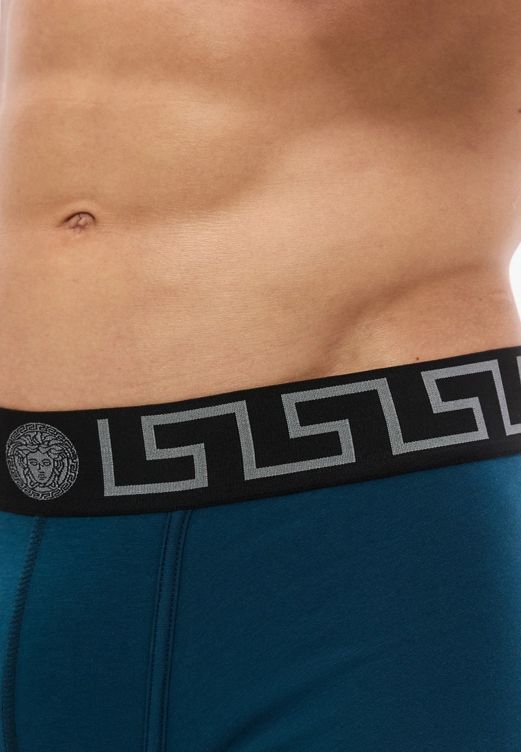 Versace Cotton Stretch Low Rise Trunks – Petrol Blue, Nero, Silver-Coloured
