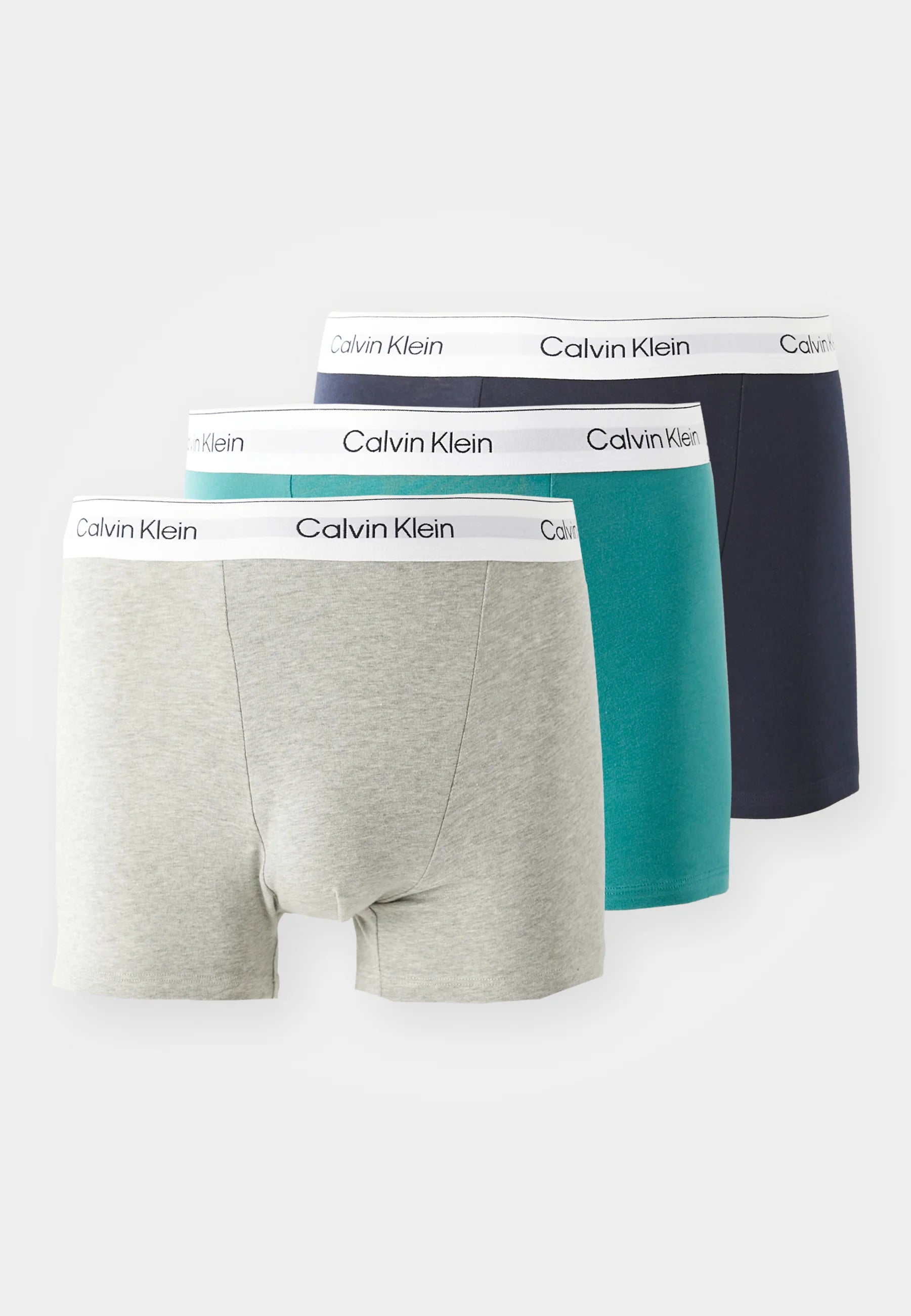 Calvin Klein Icon Cotton Stretch Relaxed Fit Trunks – 3 Pack – Shoreline, Grey Heather, Lively Teal