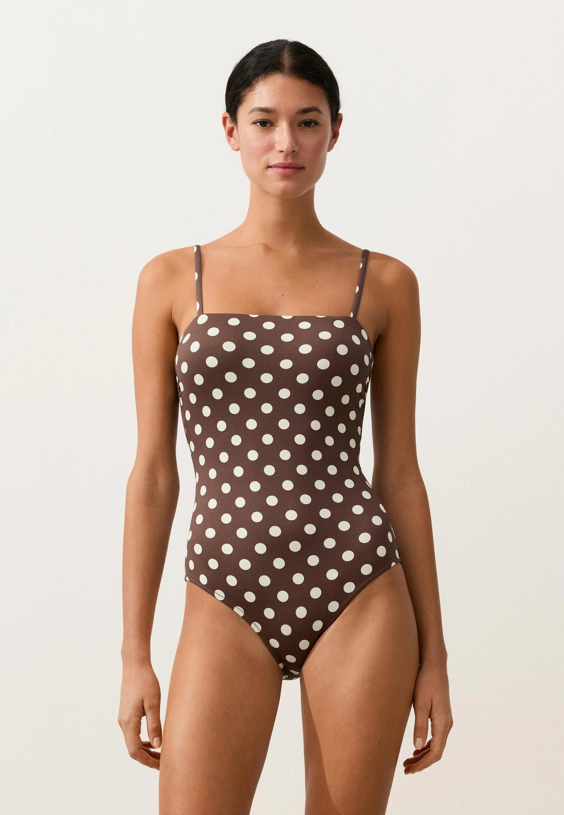 OYSHO Polka Dot Piqué Bandeau Einteiliger Badeanzug – Dunkelbraun