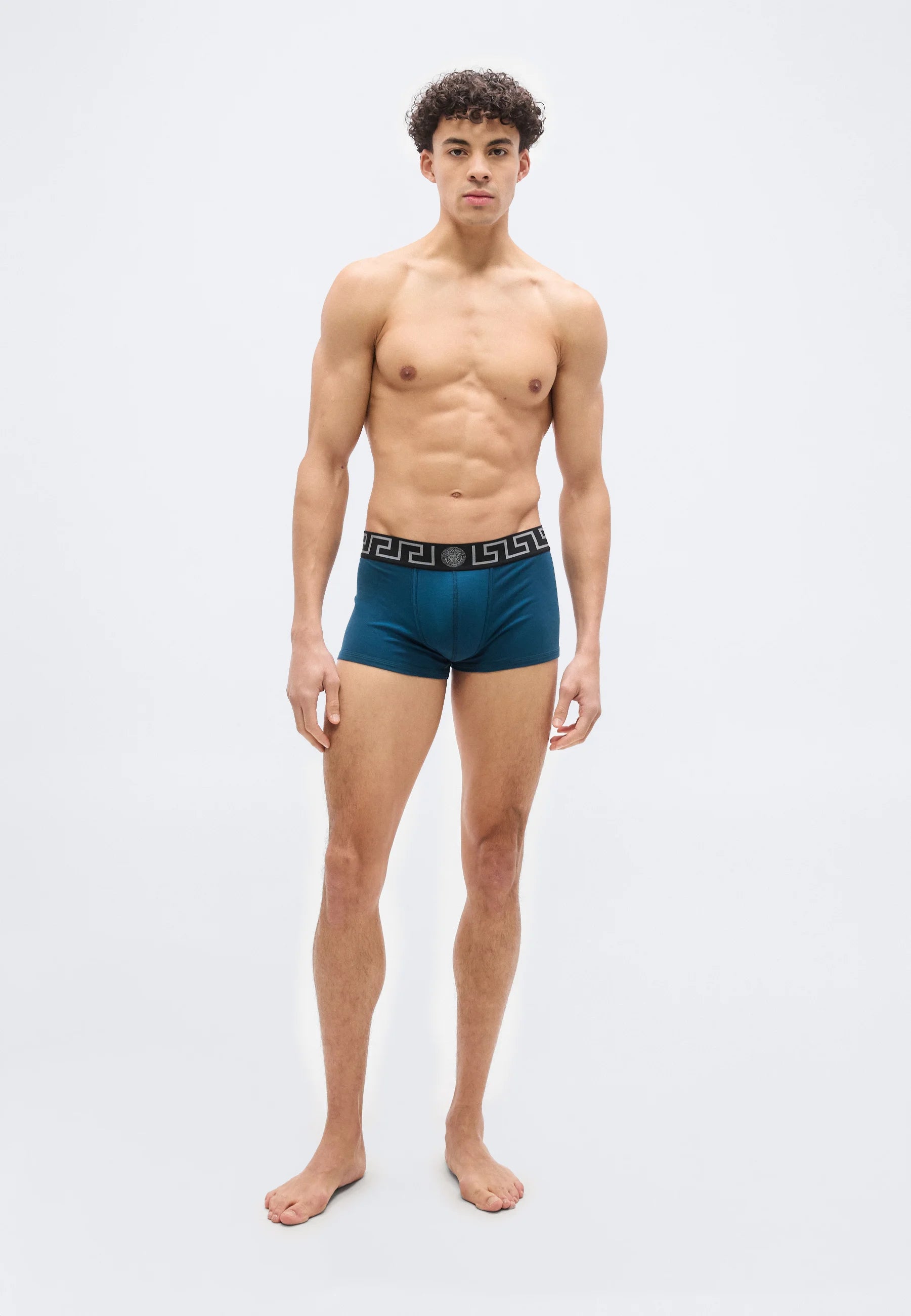 Versace Cotton Stretch Low Rise Trunks – Petrol Blue, Nero, Silver-Coloured