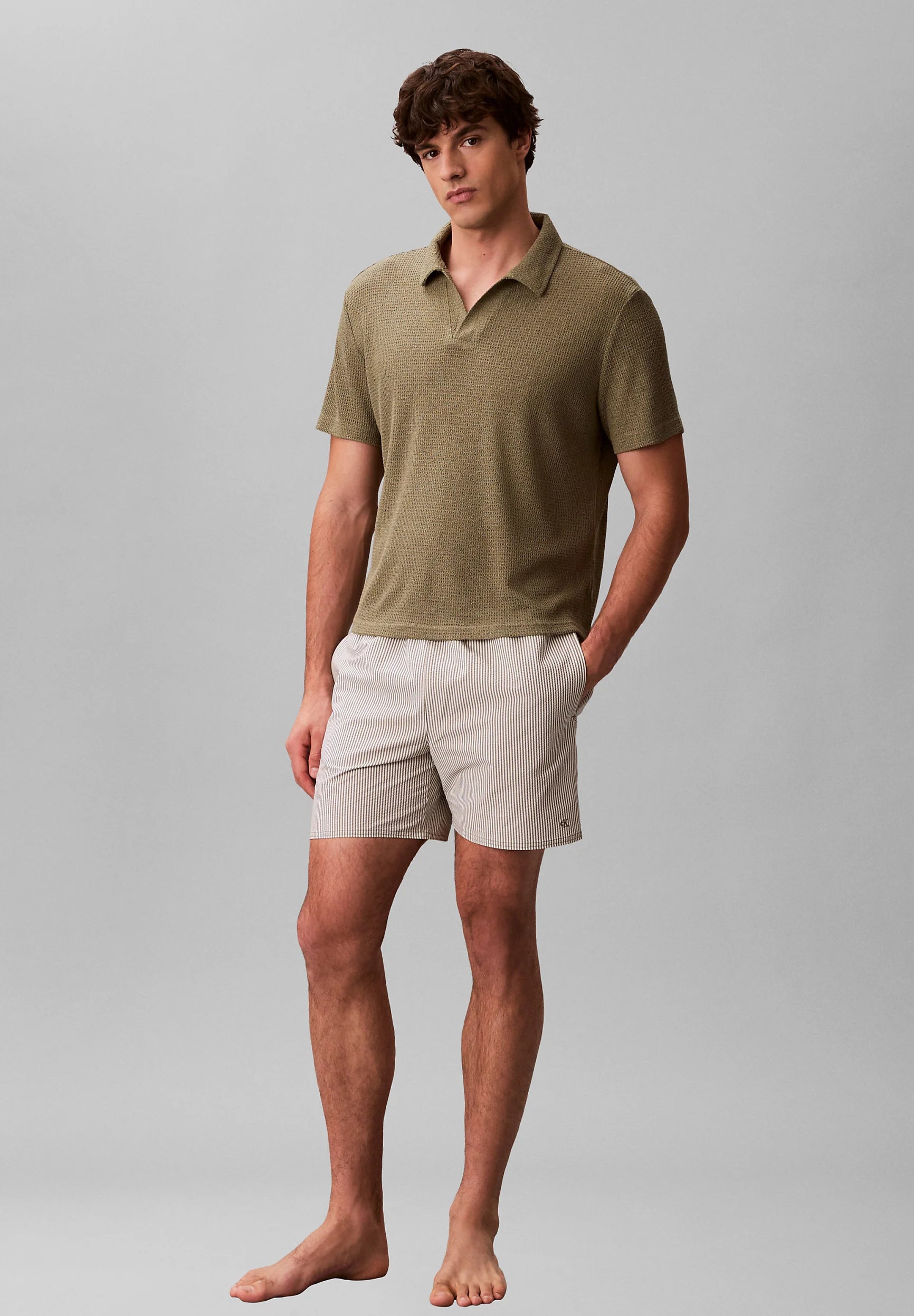 Short de bain Calvin Klein Medium à cordon de serrage – Vert lichen profond, Blanc