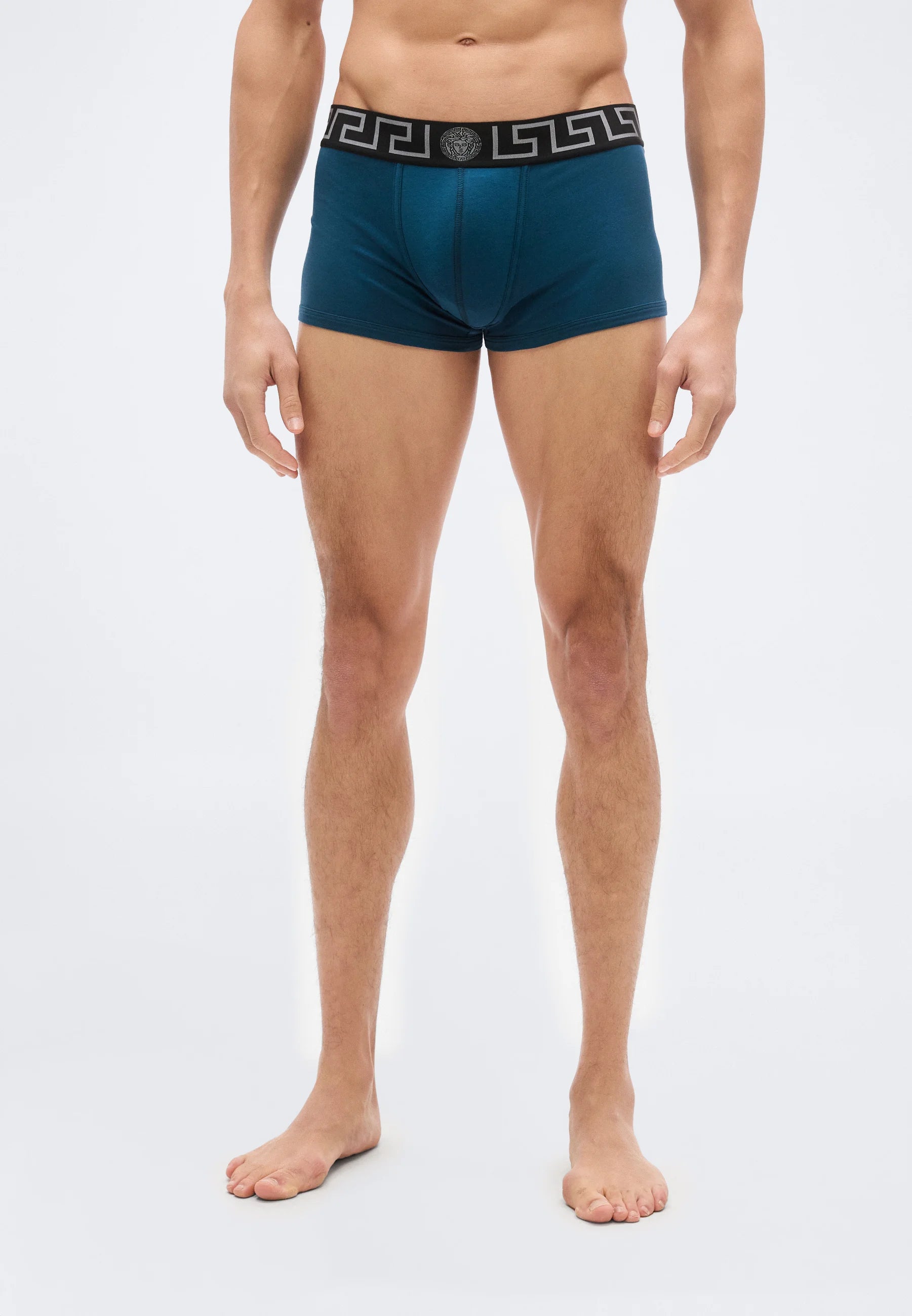 Versace Cotton Stretch Low Rise Trunks – Petrol Blue, Nero, Silver-Coloured