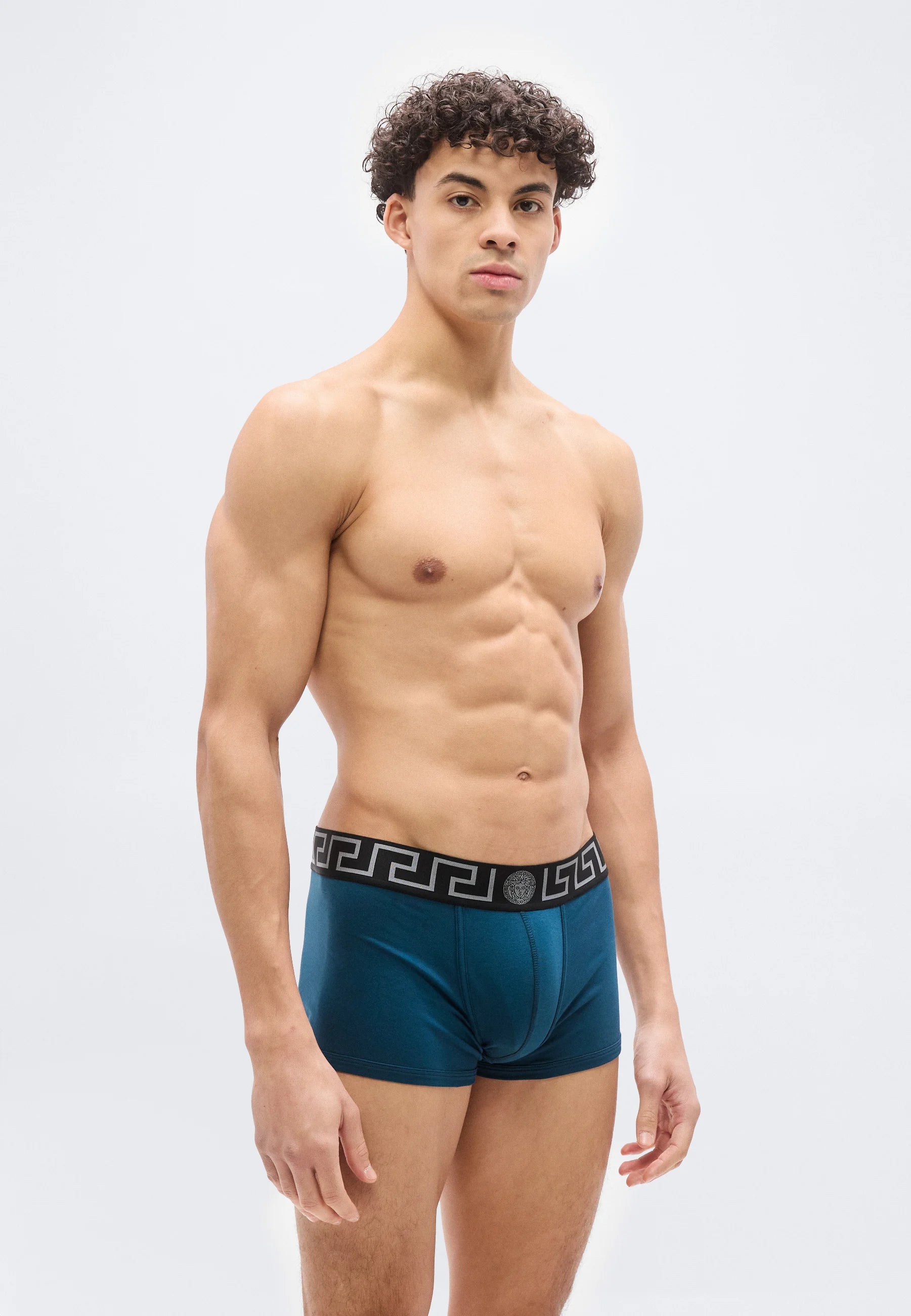 Versace Cotton Stretch Low Rise Trunks – Petrol Blue, Nero, Silver-Coloured