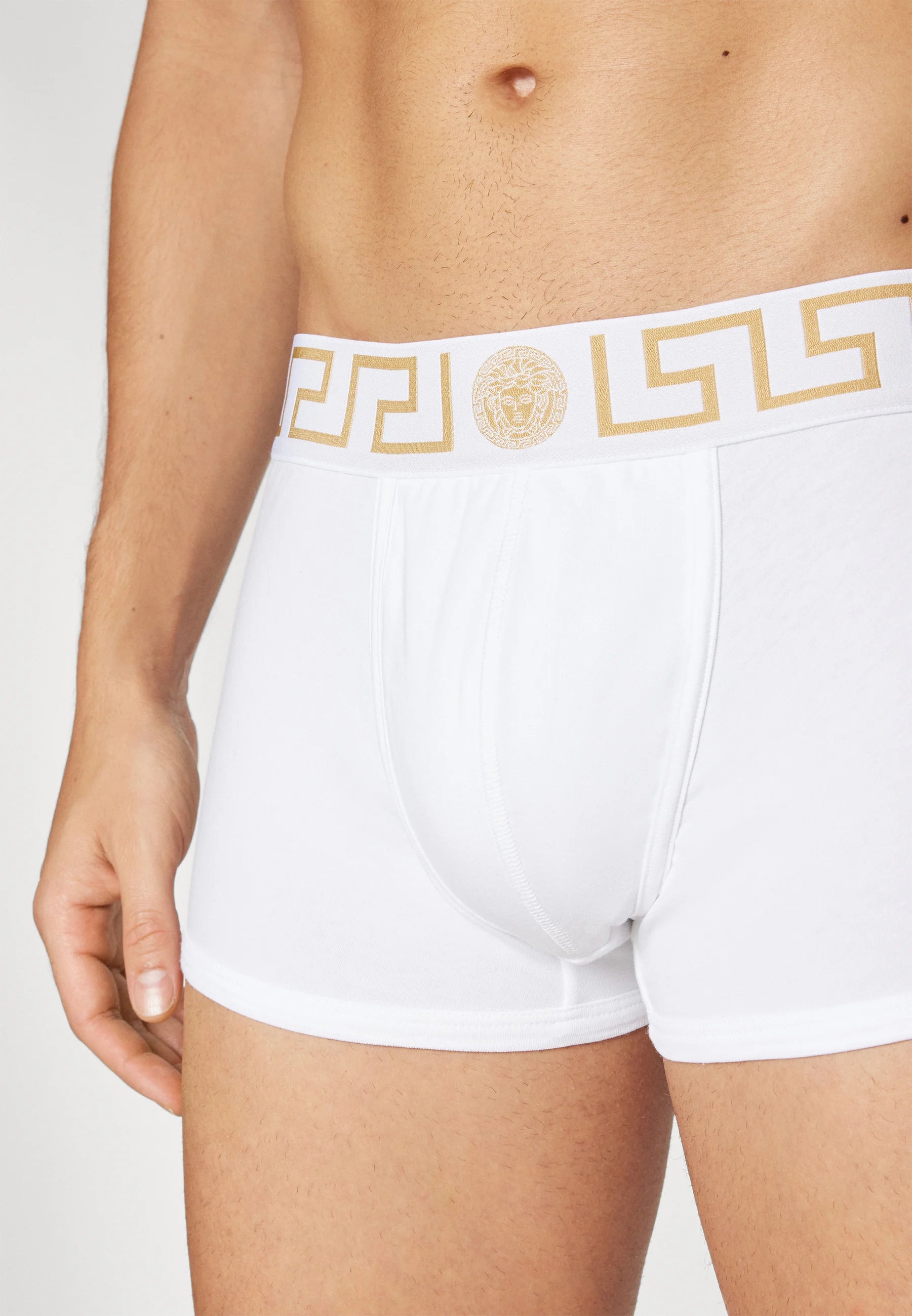 Versace Boxer taille basse en coton stretch – Blanc, Or