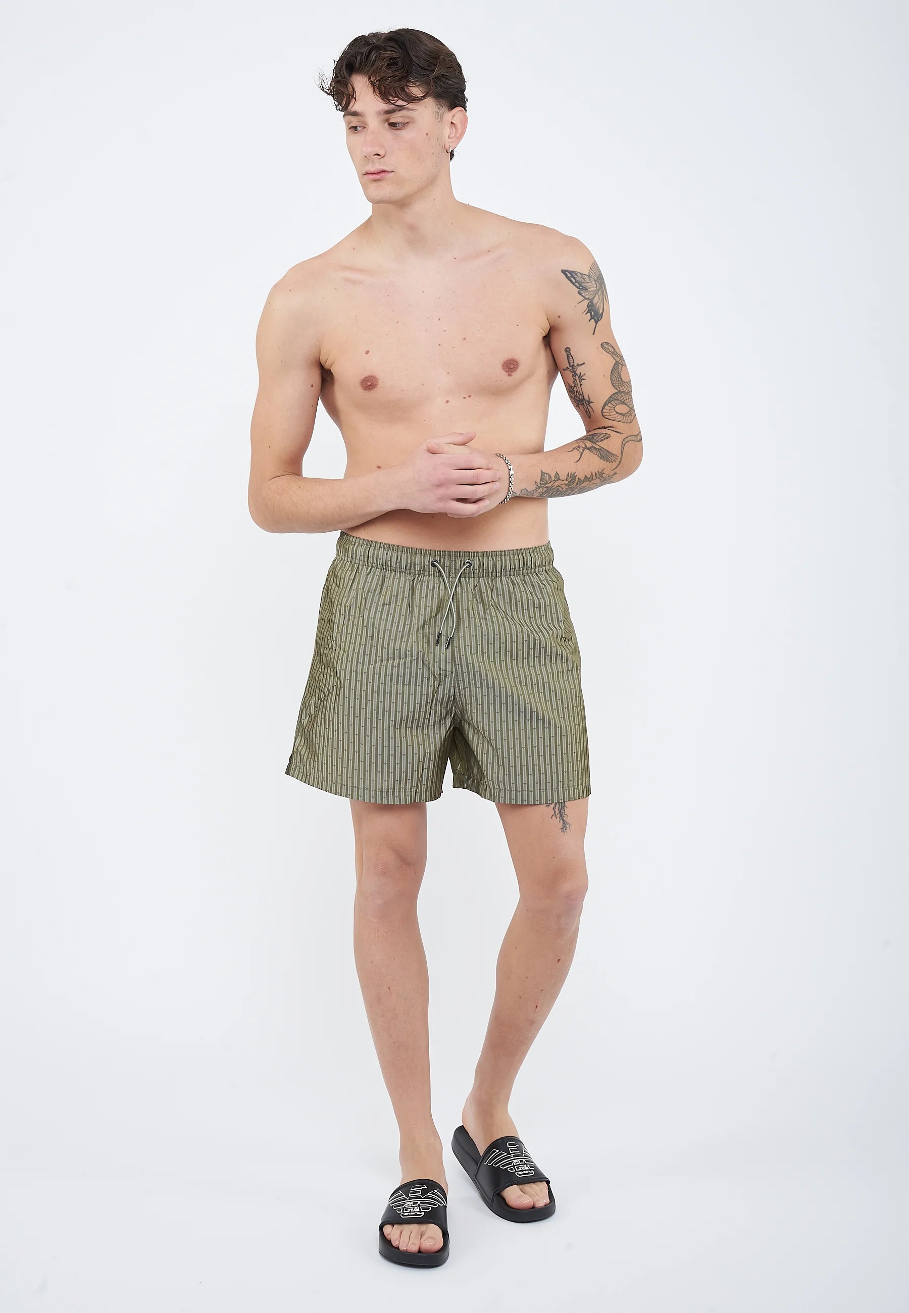 Short de bain boxer Emporio Armani EA7 All Over Jacquard – Stripes Eagles Olive