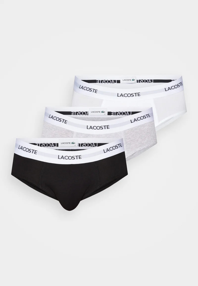 Lacoste Stretch Cotton Briefs 3 Pack – Black, White, Silver Chine