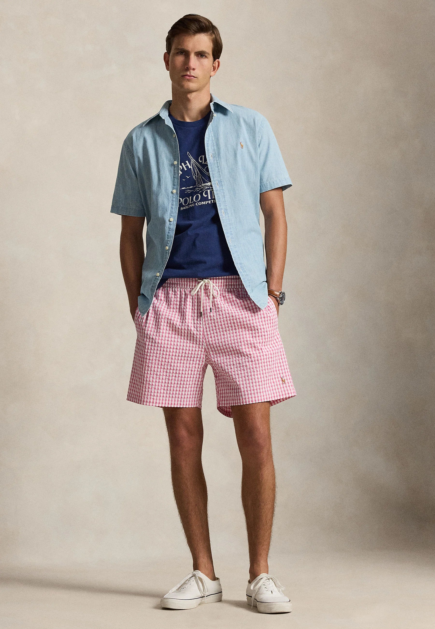 Short de bain Polo Ralph Lauren Resort Rose Gingham Traveler – Rose, Blanc