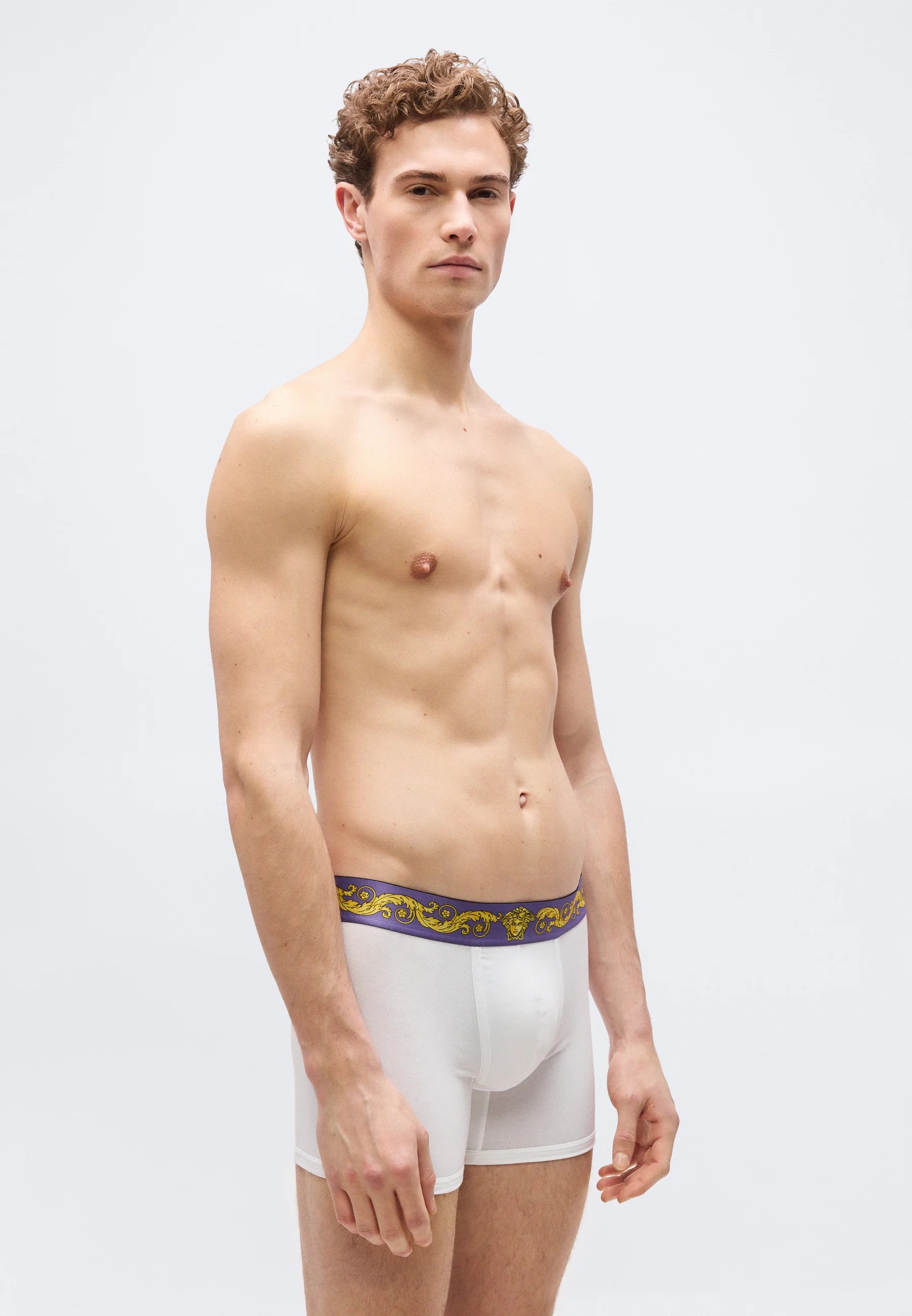 Versace Cotton Stretch Printed Trunks – Low Rise – White, Lavender, Gold-Coloured