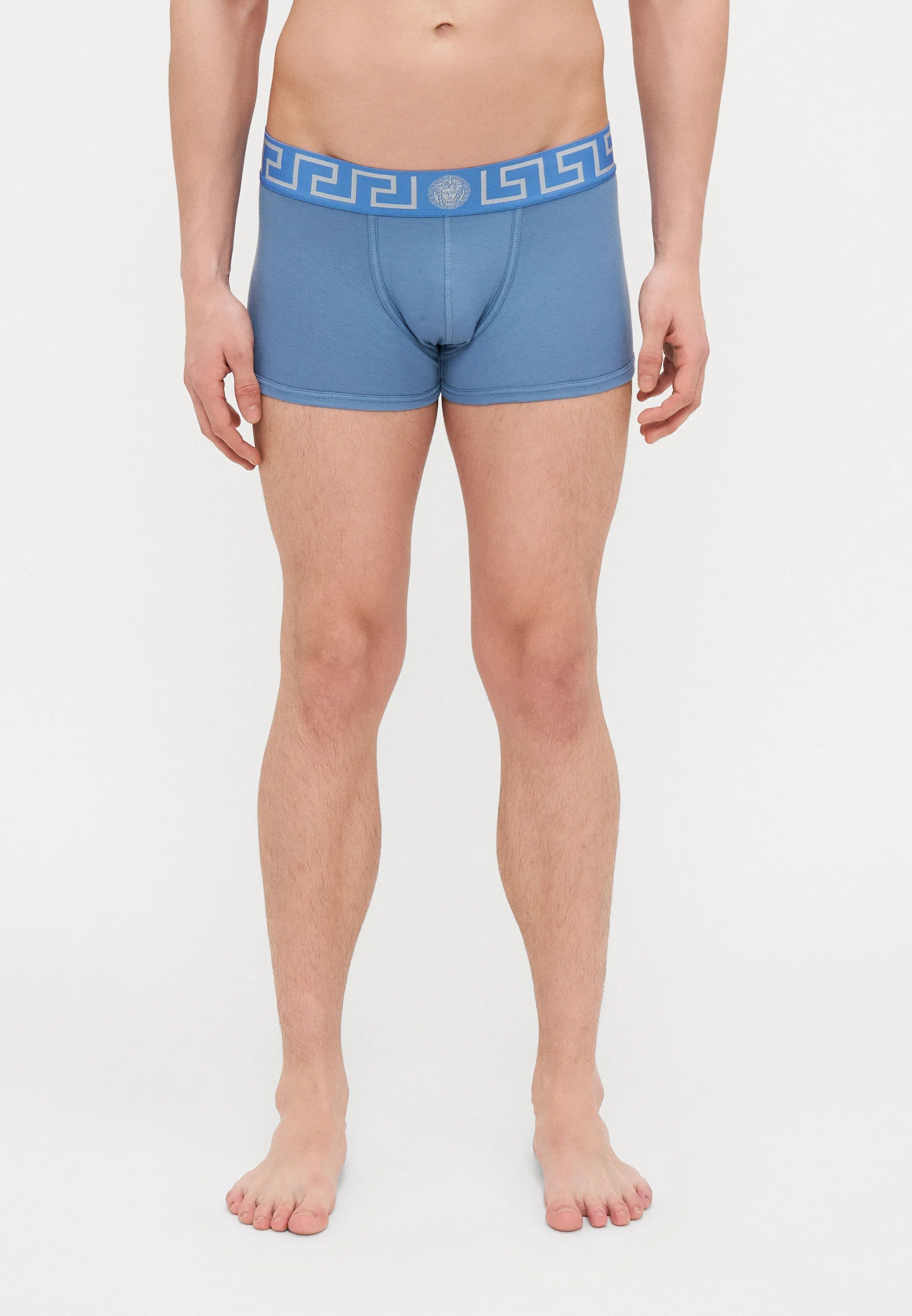 Boxer a vita bassa Versace in cotone stretch – Blu pietra, Argento
