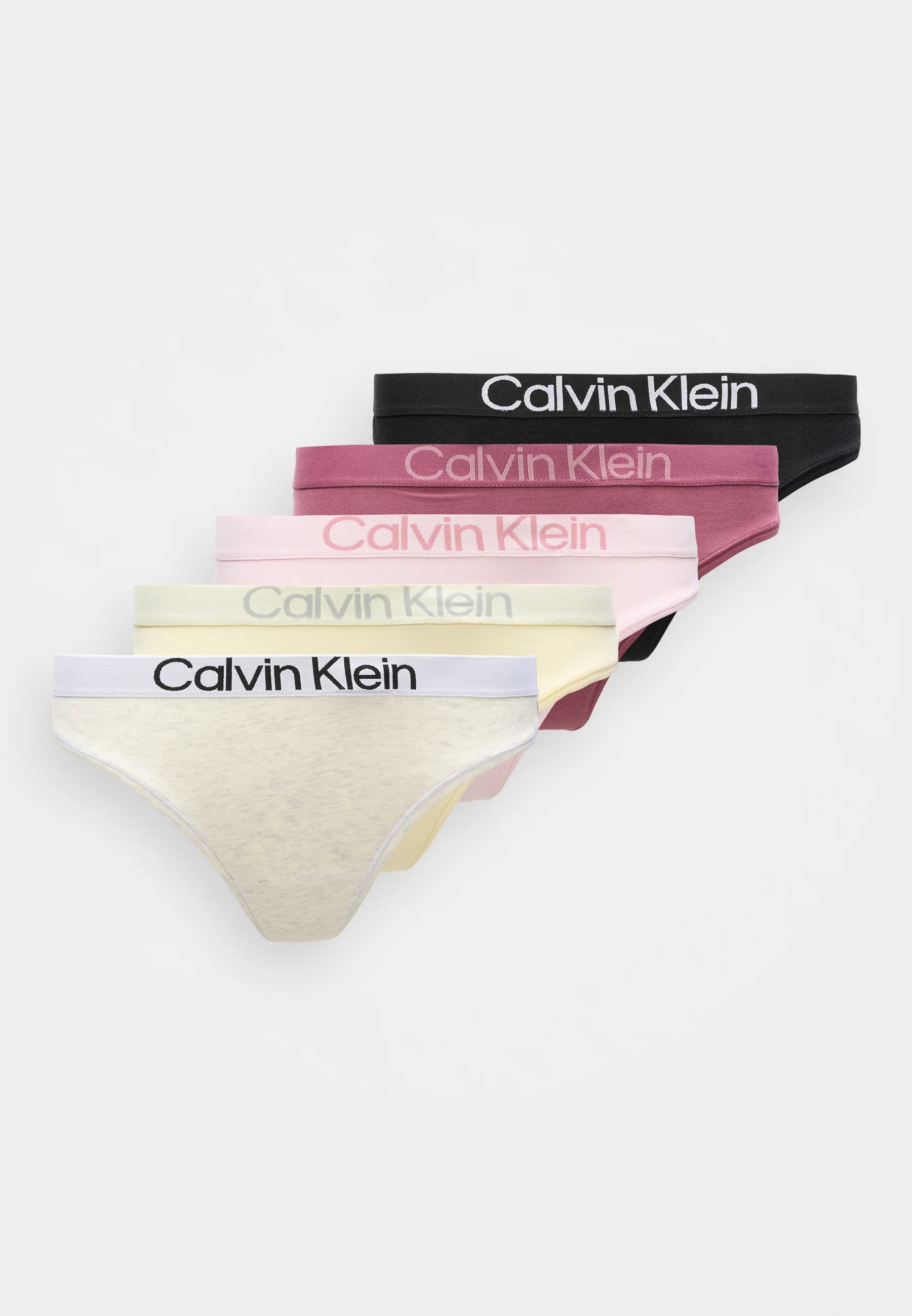 Calvin Klein Extra Soft tanga po 5 kusech – černá, růžová kolébka, sněhová vřes, bobule