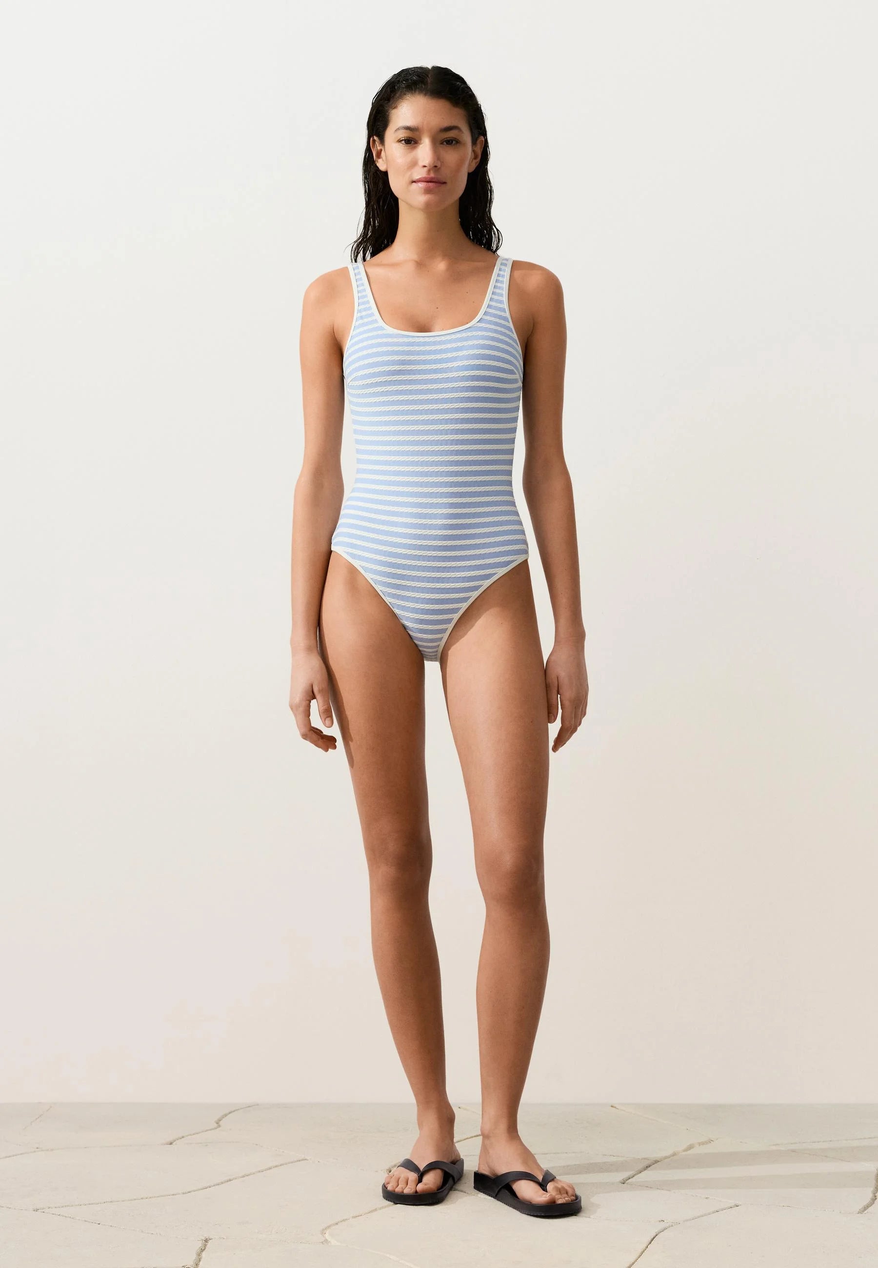 OYSHO Stripe Structure Round Neck One-Piece Swimsuit – Blue