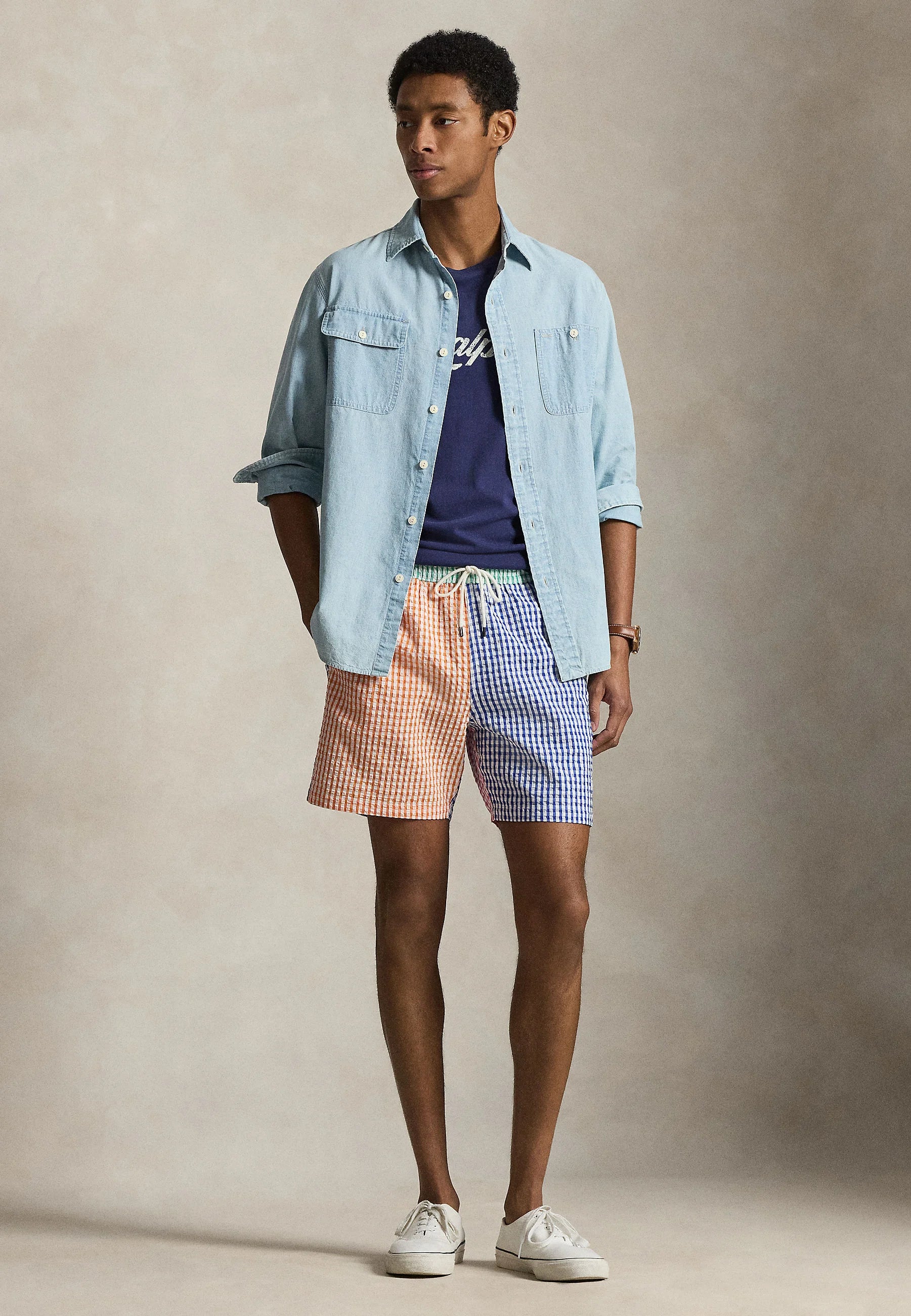 Plavkové šortky Polo Ralph Lauren Seersucker Gingham Traveler – modré, bílé