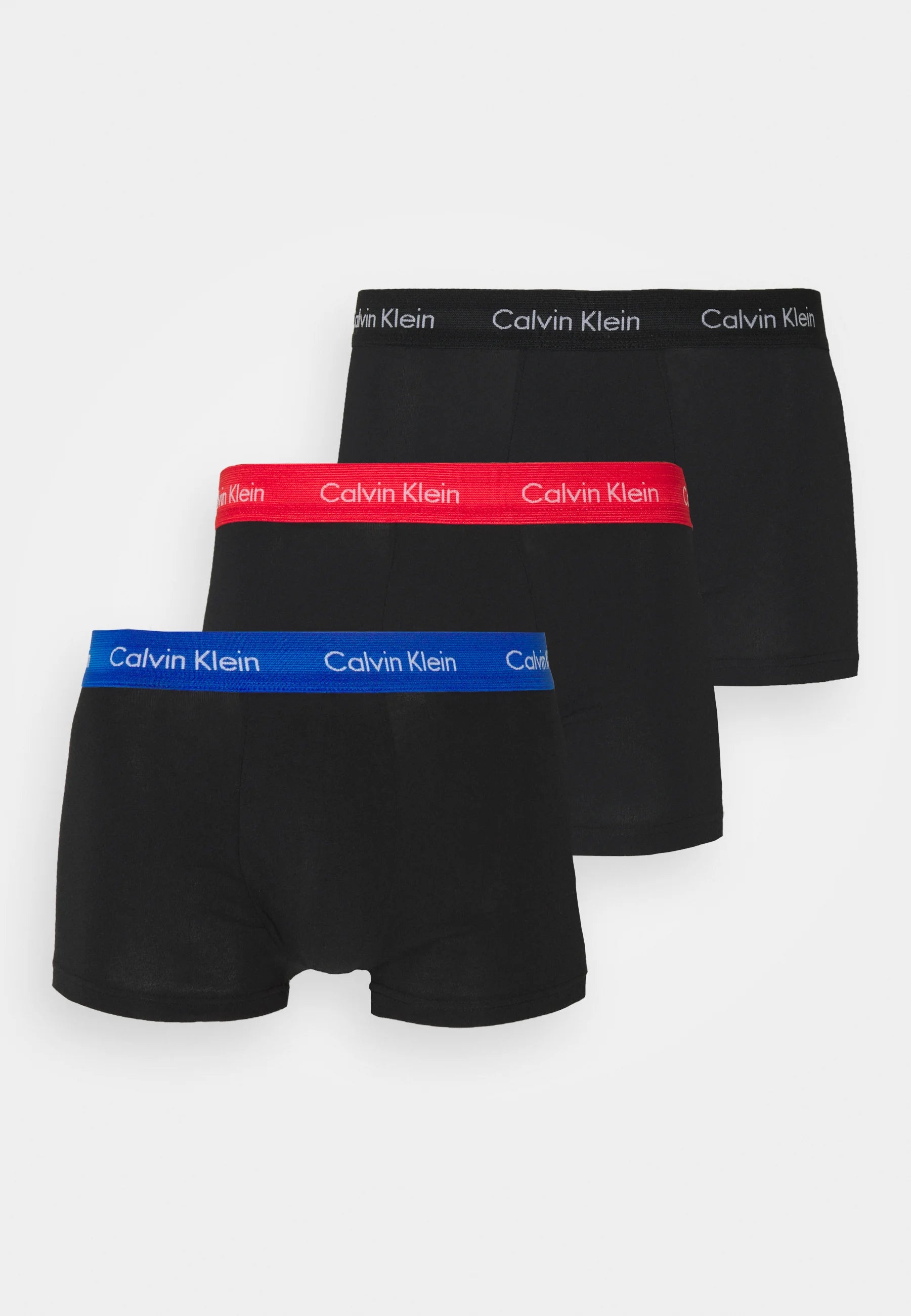 Calvin Klein Cotton Stretch Trunks – 3 Pack – Black with Black, Blue and Red Waistbands
