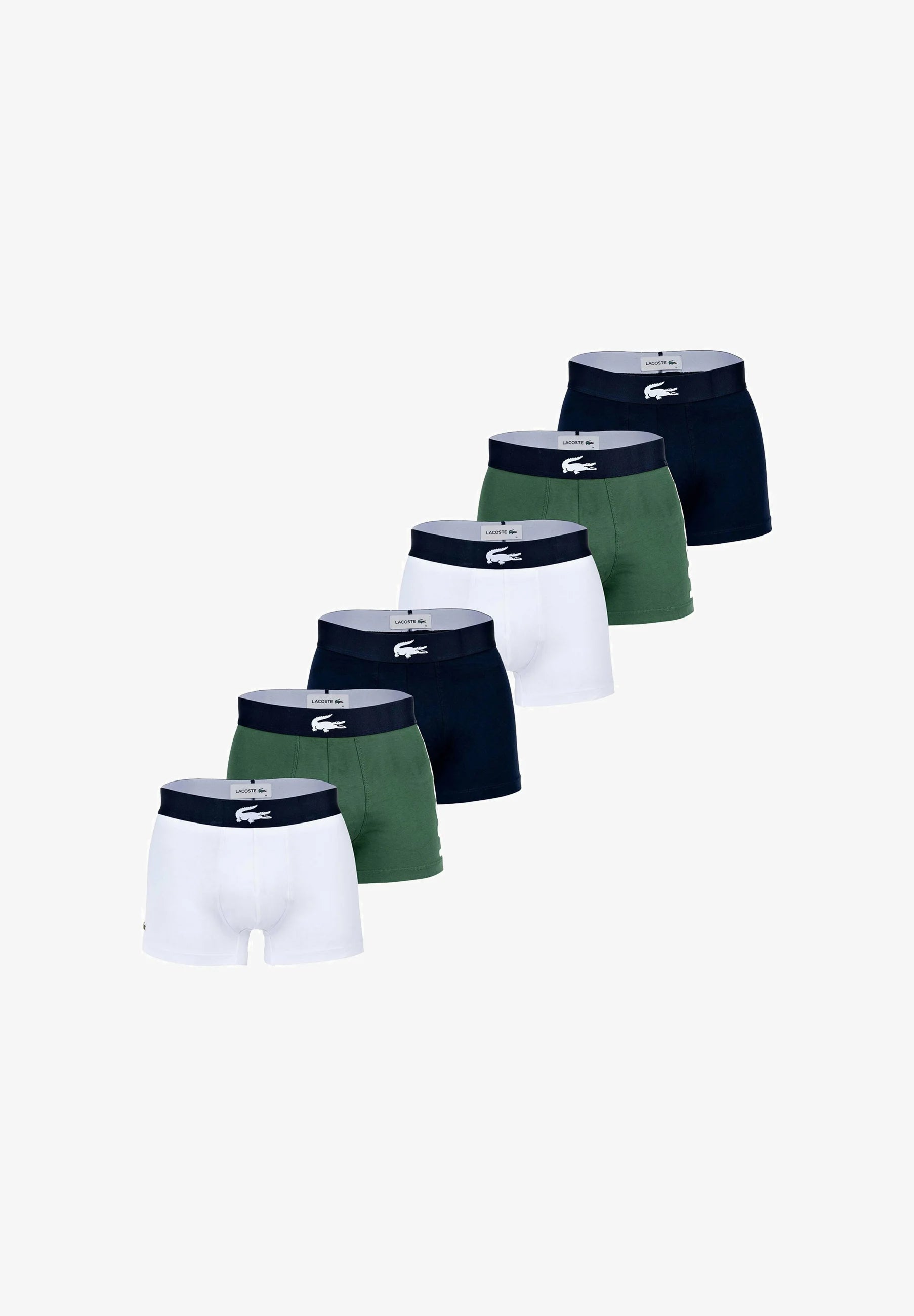 Lacoste 6 Pack Big Croc Print Stretch Trunks – Green, Dark Blue, White