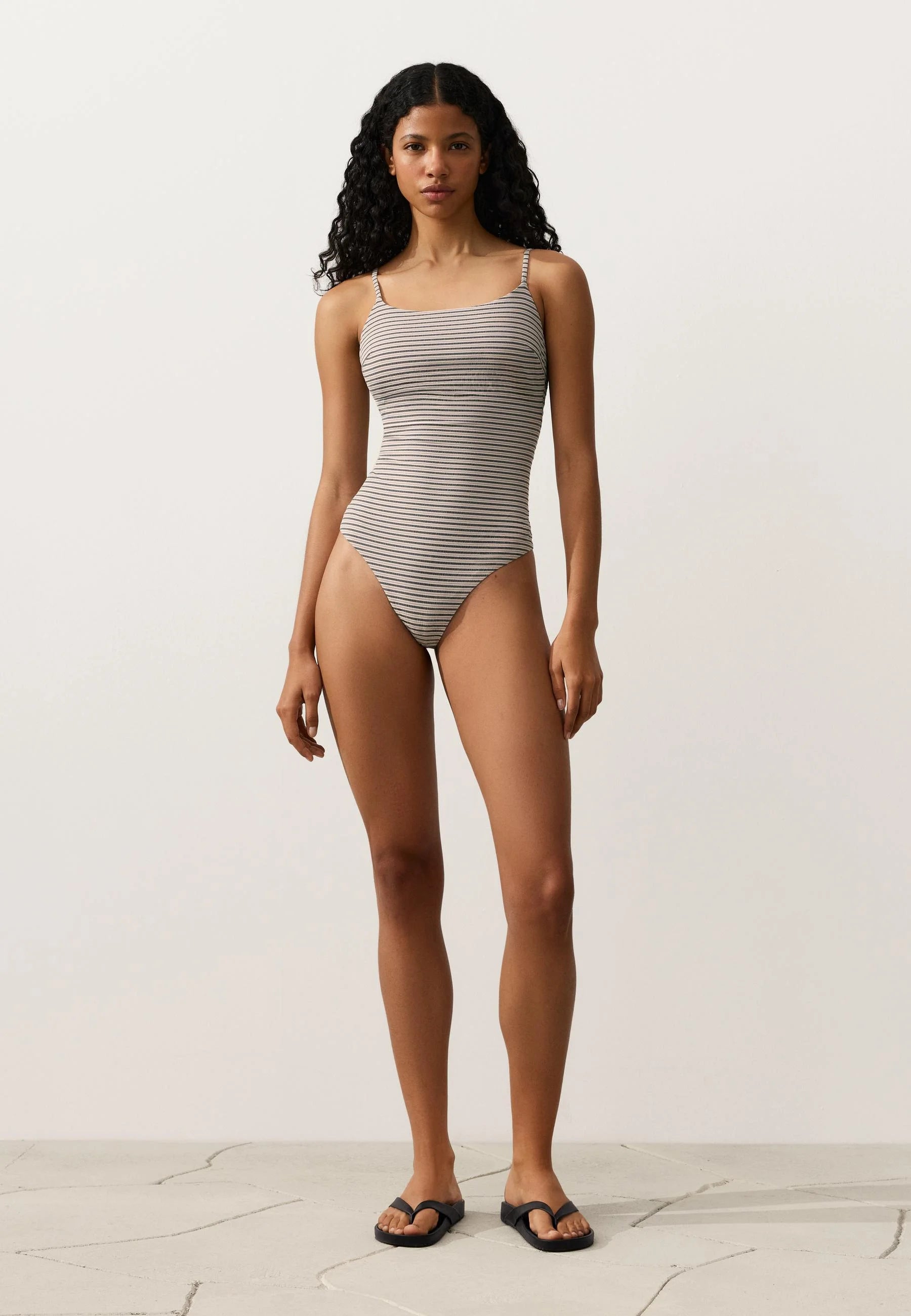 OYSHO Stripe Triangle One-Piece Swimsuit – Beige