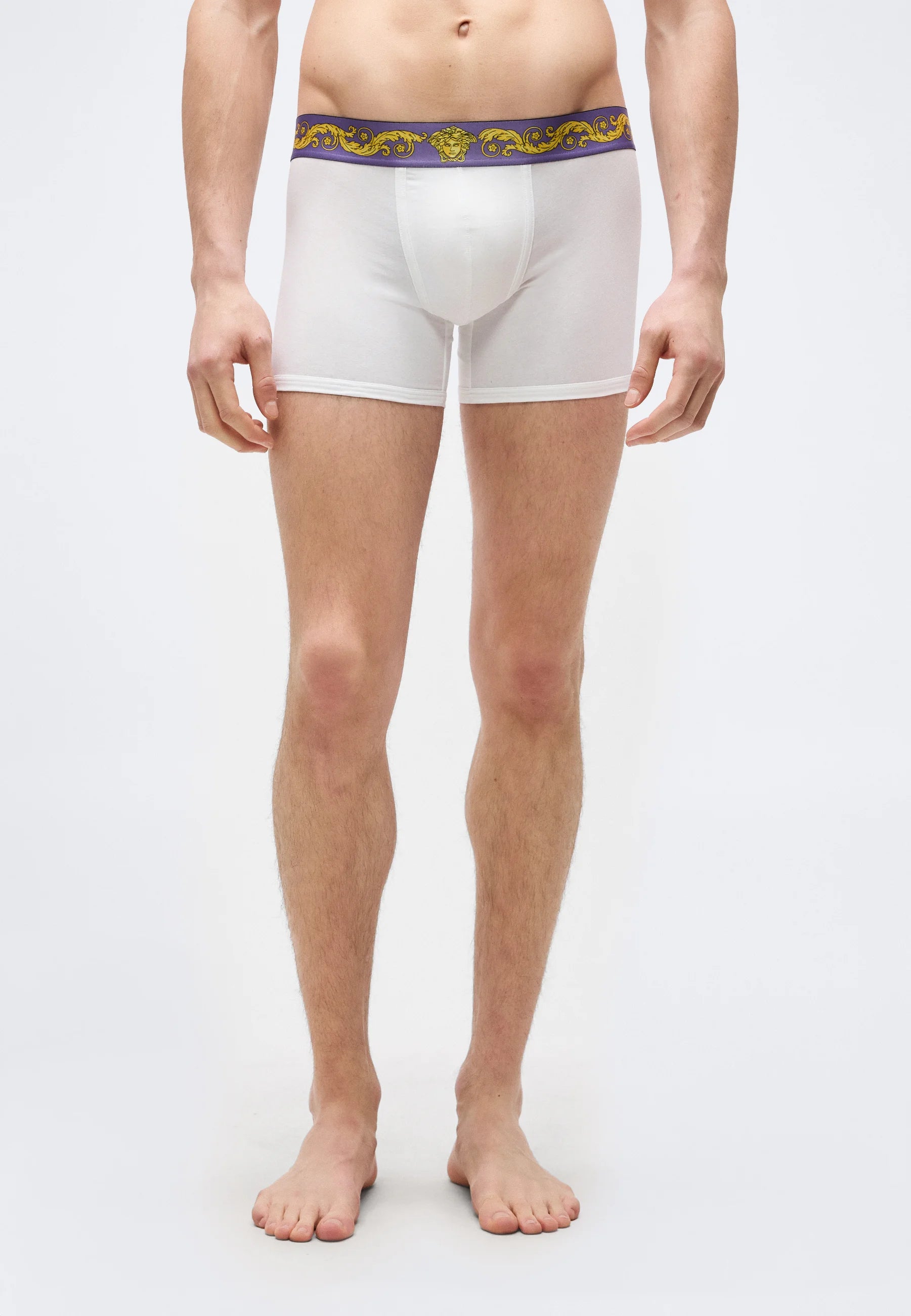 Versace Cotton Stretch Printed Trunks – Low Rise – White, Lavender, Gold-Coloured